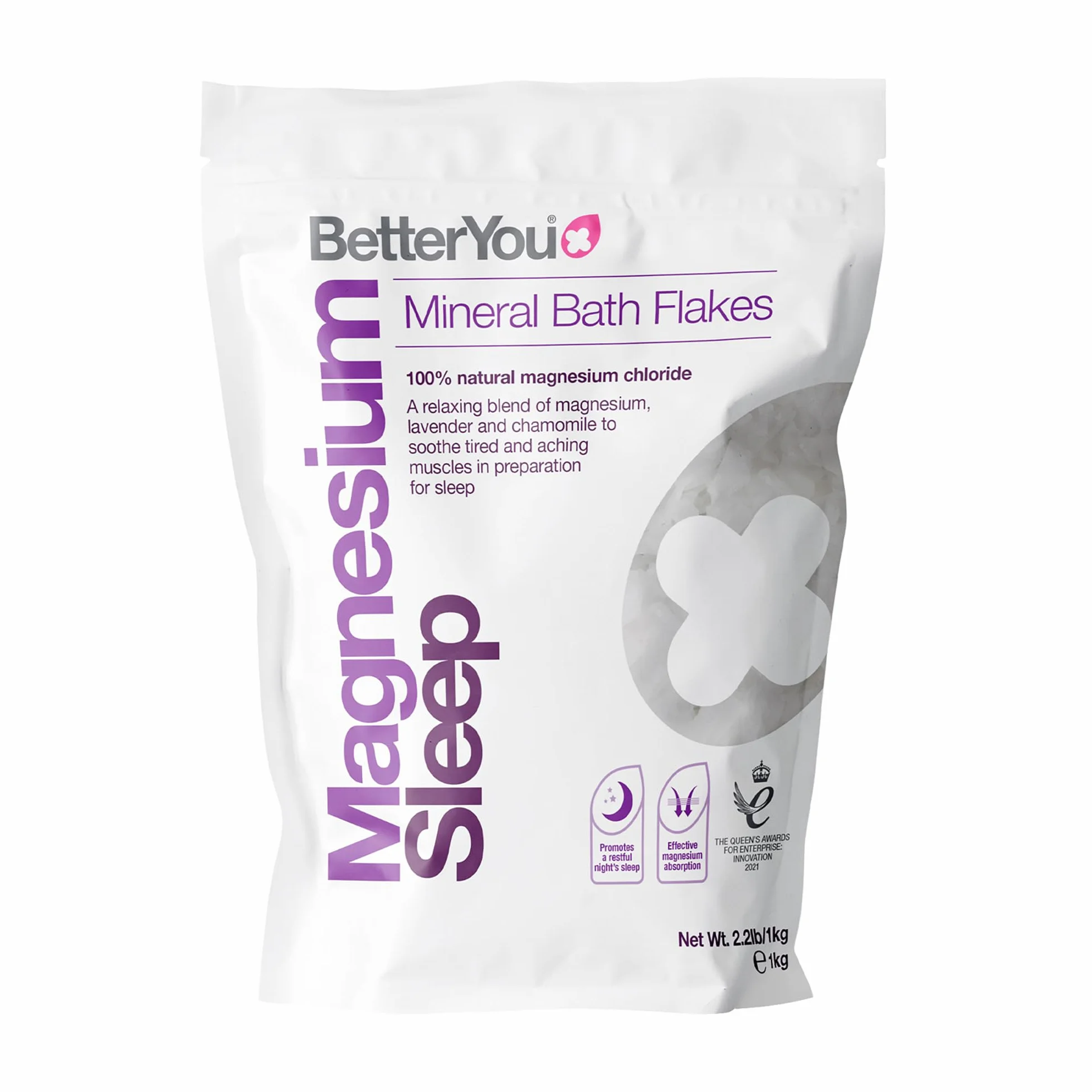 BetterYou Fiocchi da Bagno Minerali per il Sonno al Magnesio, Magnesio Zechstein Infuso con Lavanda e Camomilla per Lenire i Muscoli Doloranti, Oli Essenziali Rilassanti per un Sonno Profondo, 1 kg