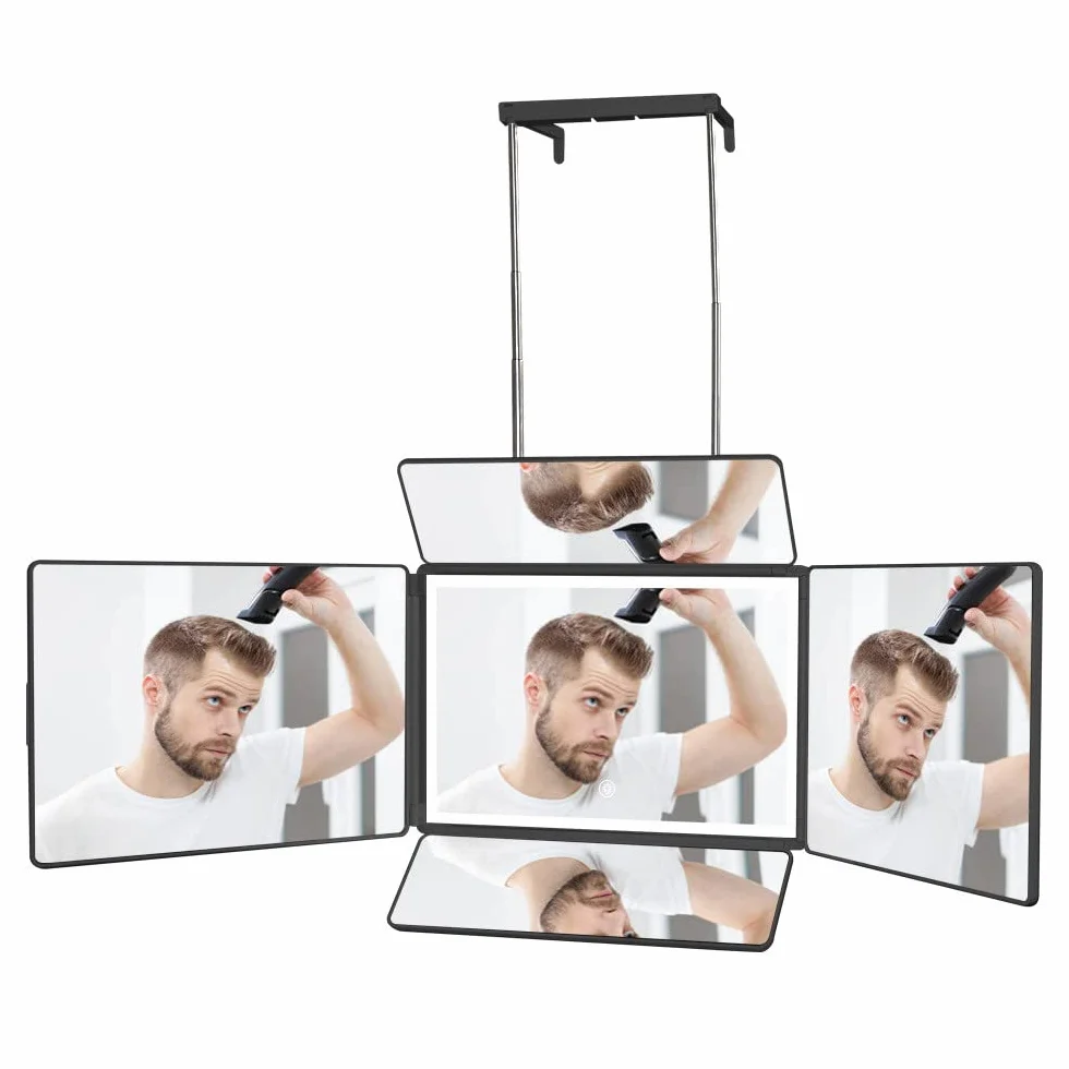 Specchio a 5 Vie per Taglio di Capelli con Luci LED 360° e Ganci Telescopici Regolabili