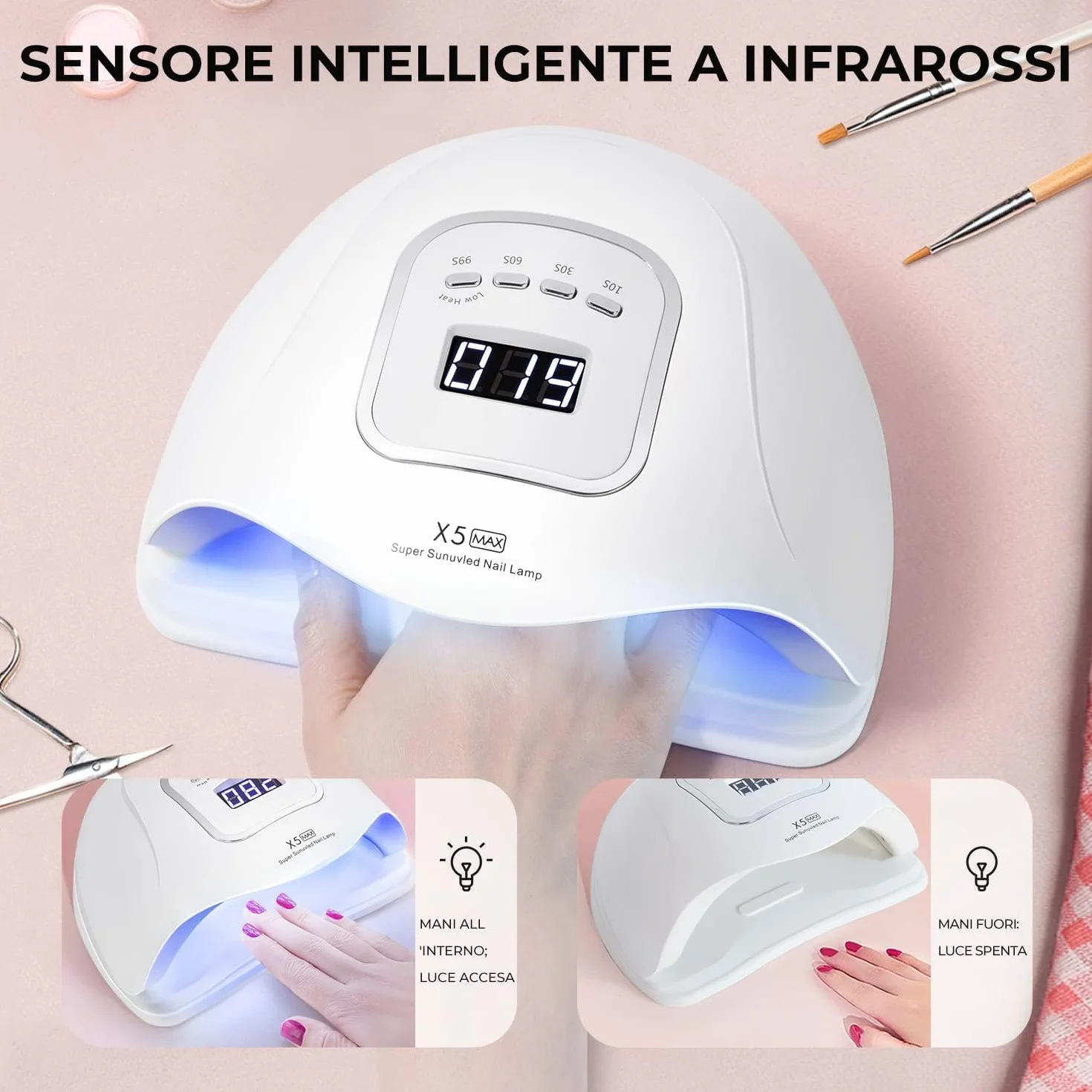 Lampada UV per Unghie 150W Portatile LED Asciuga Smalto Sensore Doppia Velocità 4 Timer Display LCD Fornetto Manicure Bianco
