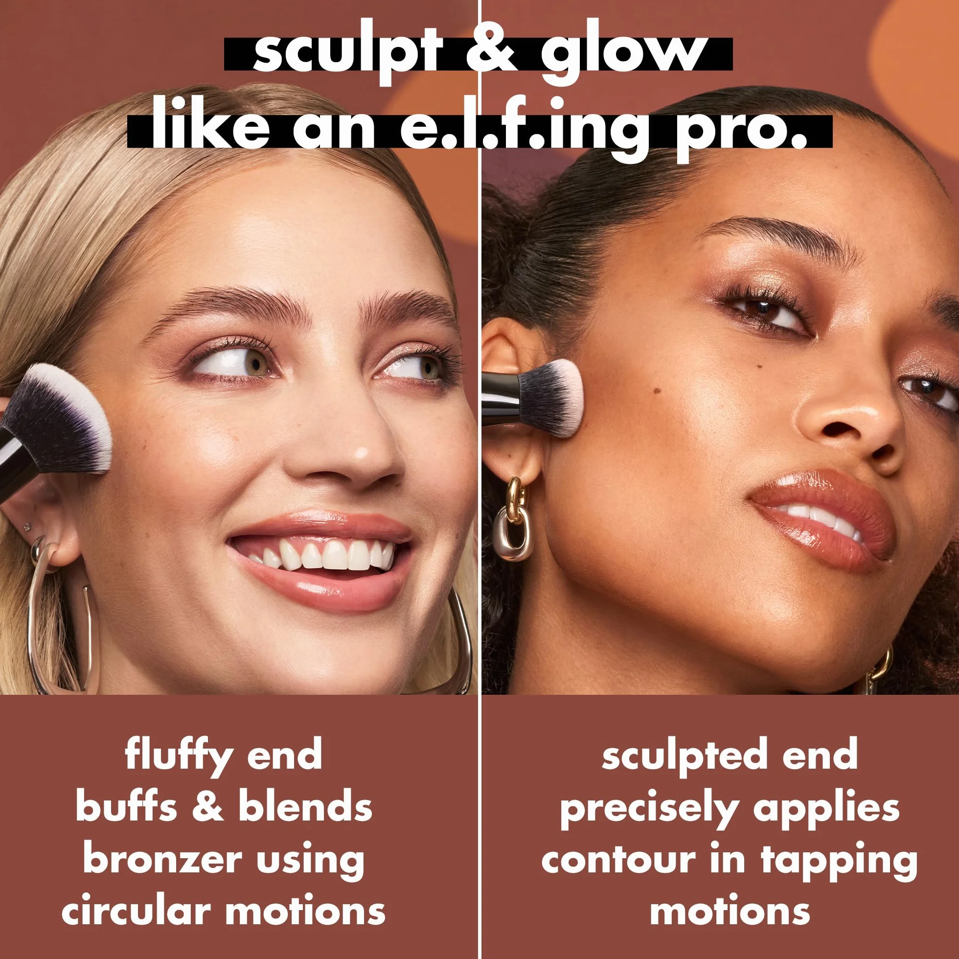e.l.f. Camo Liquid Bronzer & Contour Duo Brush, Pennello Doppio Viso, Setole Sintetiche, Vegano & Cruelty-Free