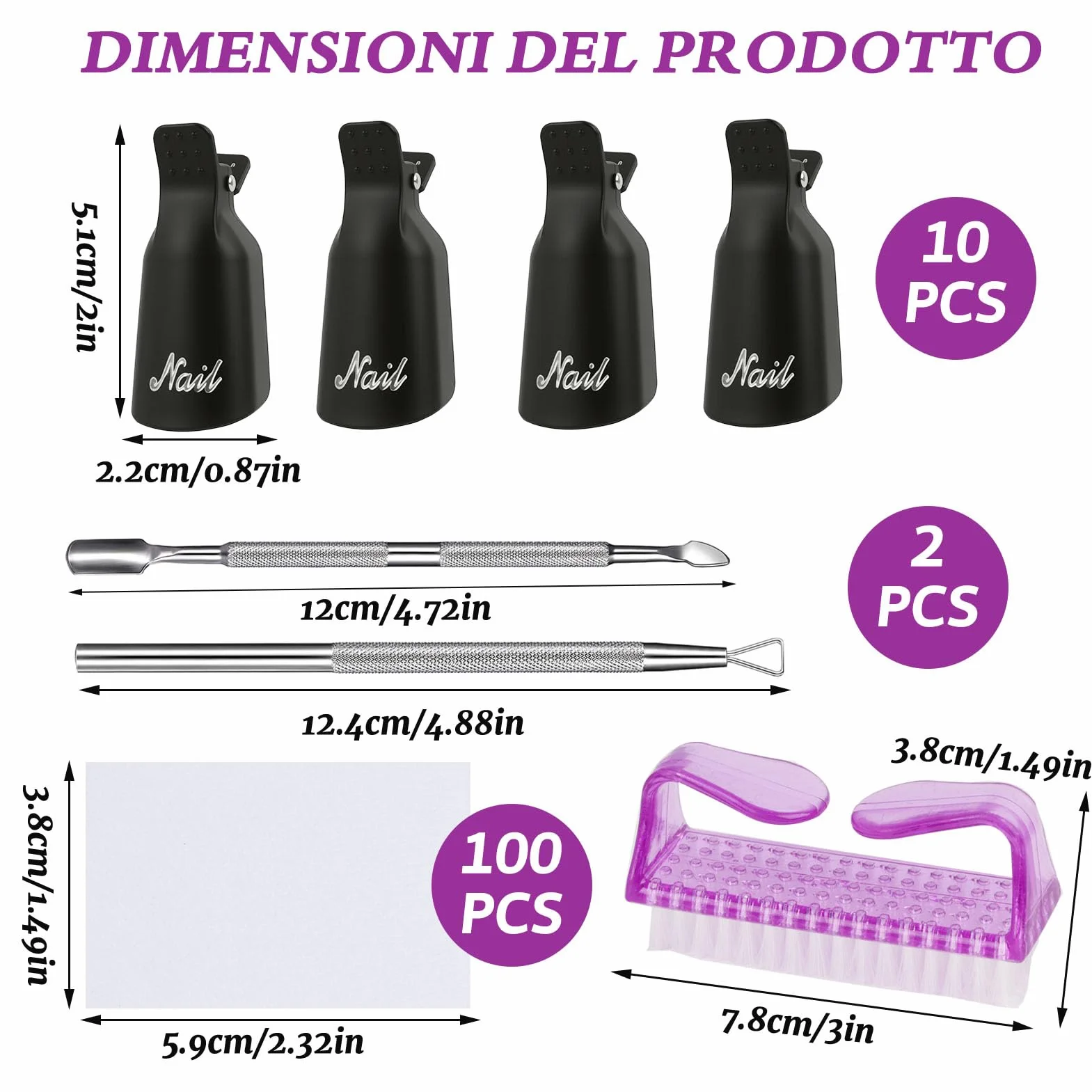 Set Rimuovi Smalto per Unghie - 10 Pinzette + Raschietto + Spingi Cuticole + 100 Dischetti Cotone + Spazzola, per Limatura Semipermanente