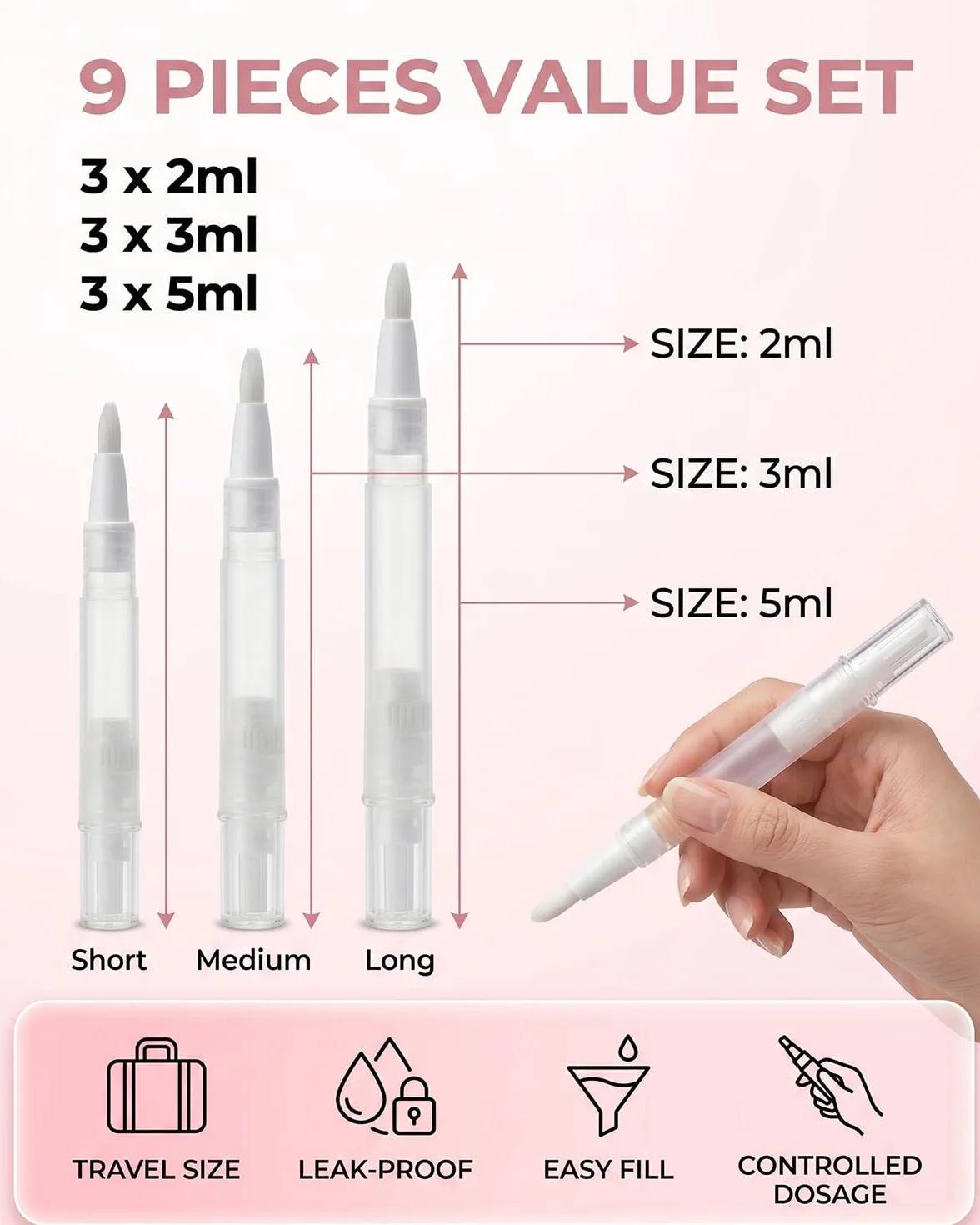 TISCH Penne Applicatore Ricaricabili 9pz, Trasparenti con Pennello (2ml, 3ml, 5ml, 3 pezzi ciascuno) per Olio Cuticole Unghie, Siero, Fondotinta e Gloss Labbra