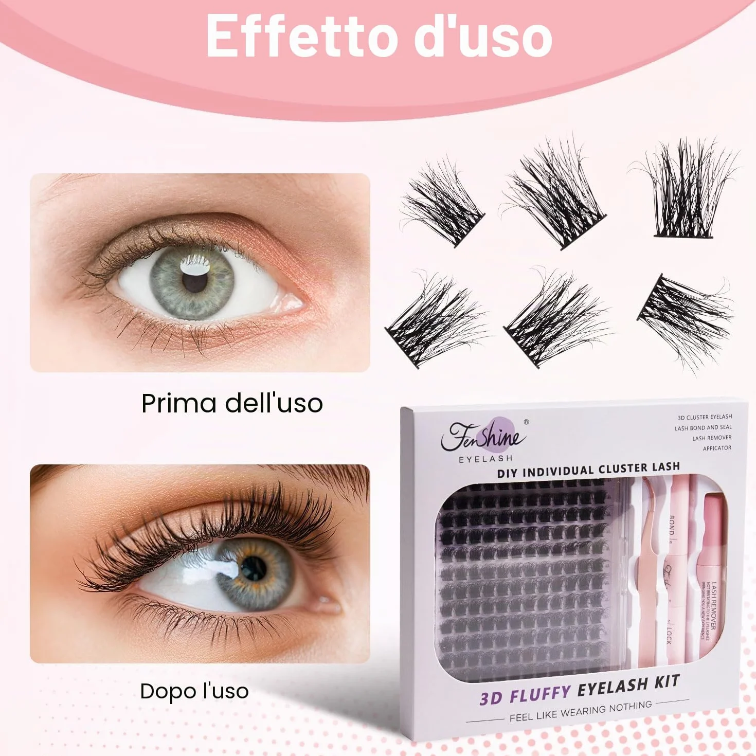 Fenshine Ciglia Finte Cluster Morbide T50 Eyelash Extension Kit
