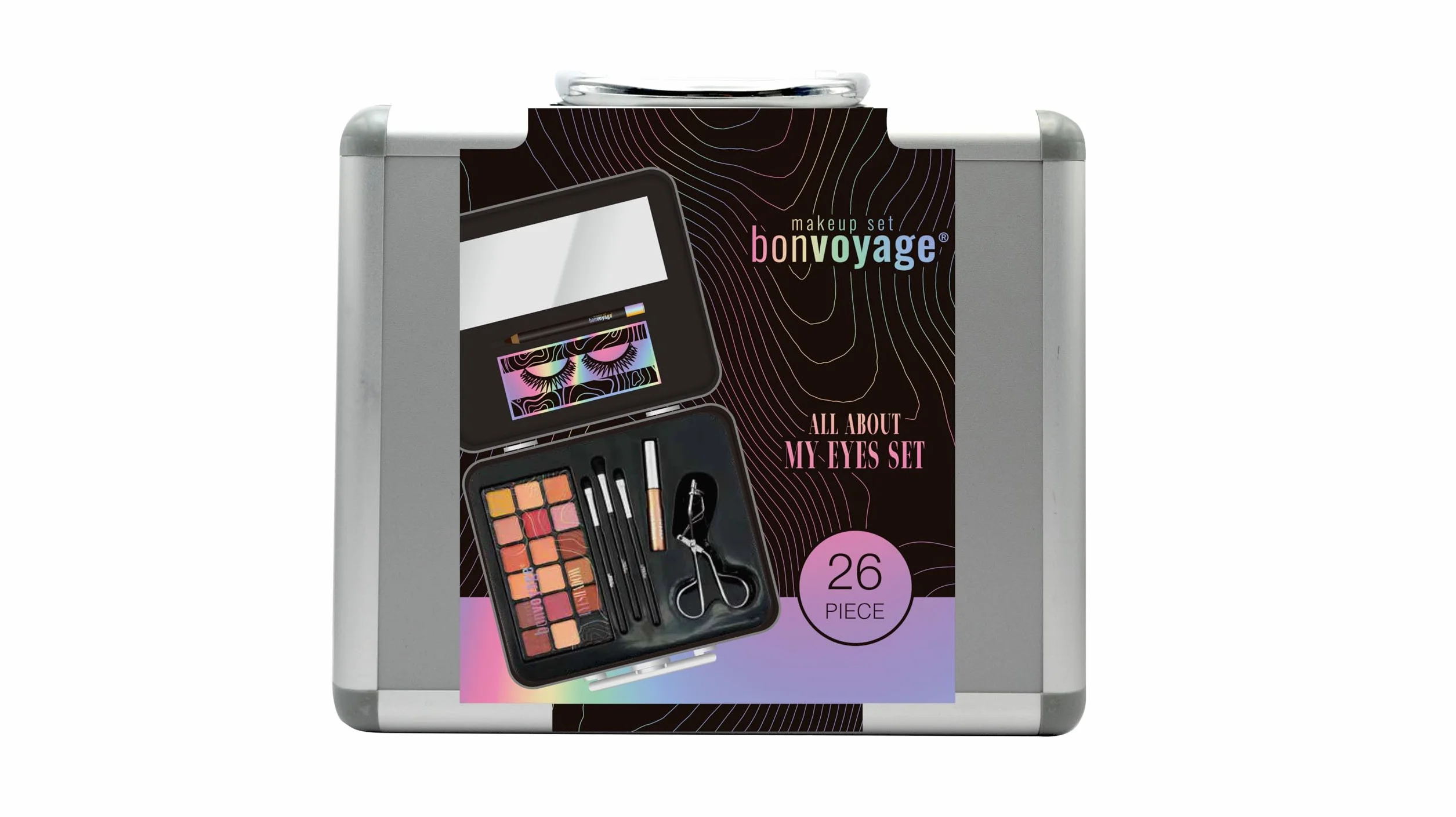 bonvoyage, Set di Trucchi per Occhi, con Ciglia Finte, Palette Ombretti da 18 Colori, Eyeliner, Piegaciglia e Pennelli Make Up, Kit Portatile e Leggero, All About My Eyes