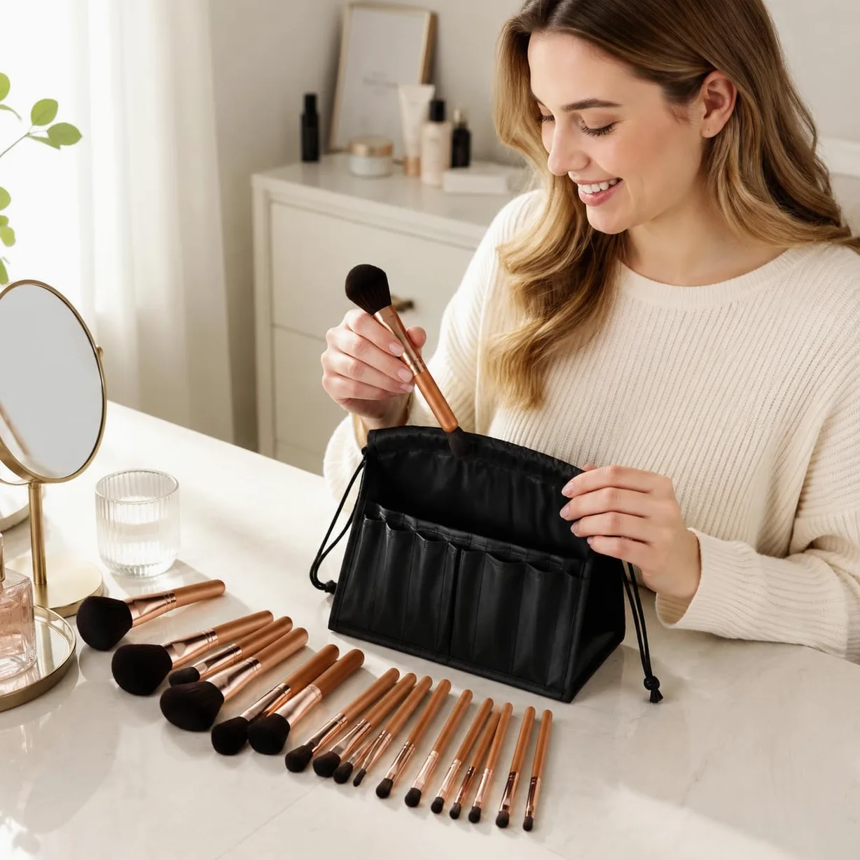 Set Pennelli Trucco 17 Pezzi, Manico, Fusto in metallo, Pennelli Trucco Oc, Sfumature, Per Estetiste, Set di 17 pennelli per trucco rosso acero con borsa pieghevole nera con coulisse