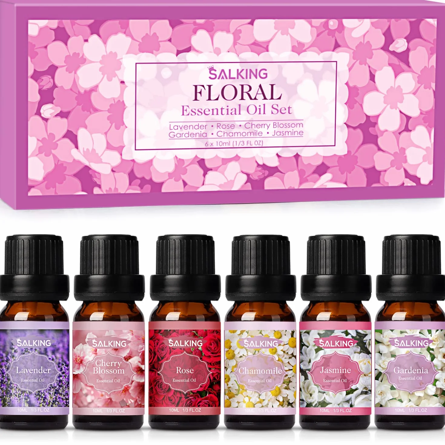 SALKING Oli Essenziali Floreale per Diffusori 6x10ml, Set di Olio Essenziale Puri per Aromaterapia e Massaggi - Lavanda, Gelsomino, Rosa, Fiore di Ciliegio, Gardenia, Camomilla