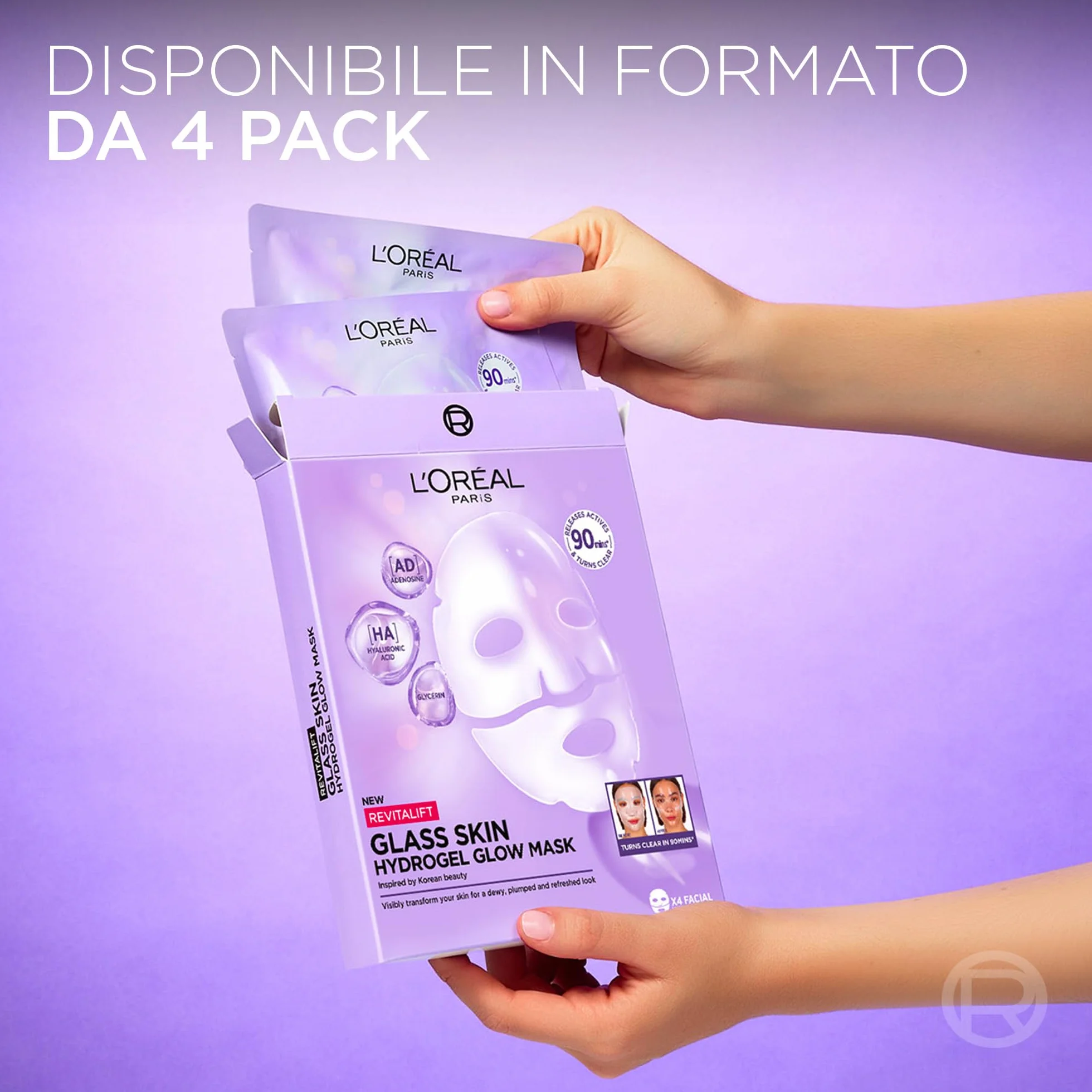 L'Oréal Paris Glass Skin Maschera in Idrogel, Per Tutti i Tipi di Pelle, Pelle Luminosa e Radiosa, Risultati Istantanei, Trend Coreana, Con Acido Ialuronico e Centella Asiatica, Revitalift, 1x37gr