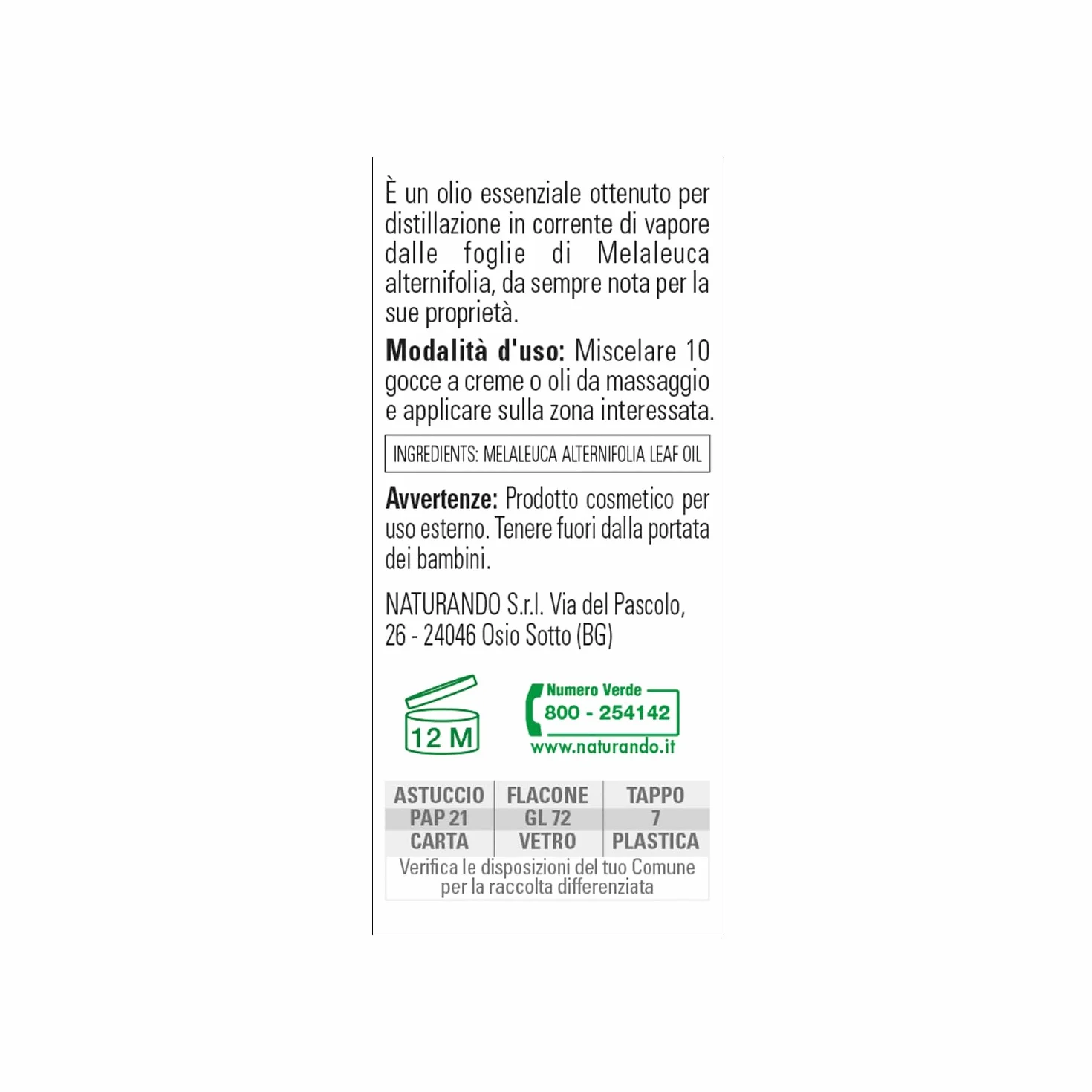 Naturando Tea Tree Oil 10 ml Puro Olio 100% di Melaleuca Alternifolia