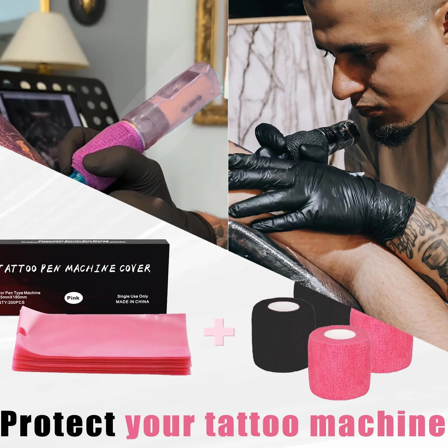 Coperture per Macchinette per Tatuaggi con Nastri di Presa - LEAYOKA 4 pezzi (5cmx4.5m) Tattoo Grip Tapes con 200 pezzi (6.5cmx18cm) Rosa Coperture Monouso per Macchine per Tatuaggi