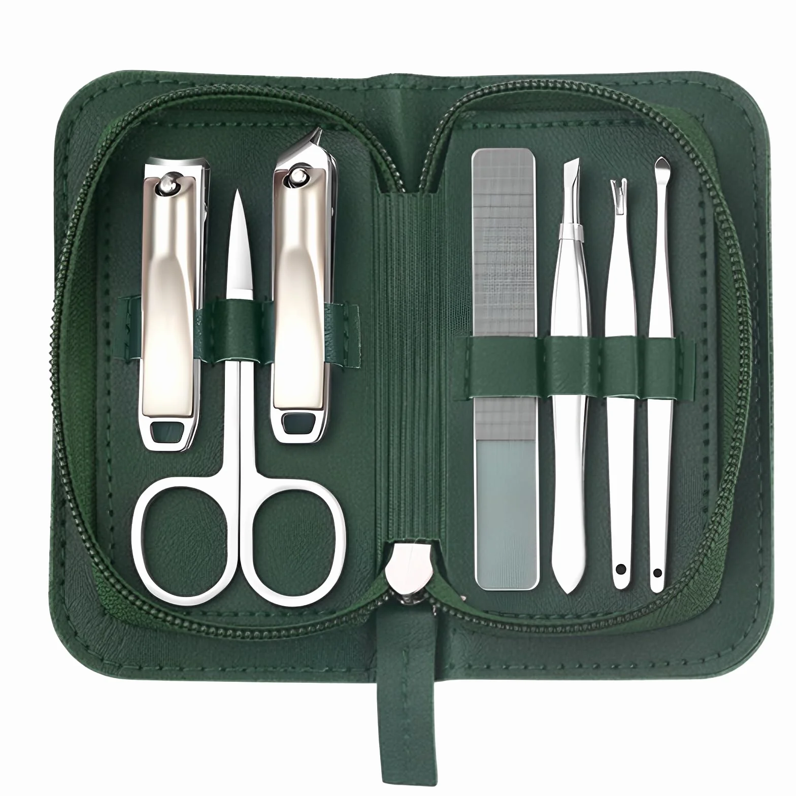 Kit Manicure 7 Pezzi Verde Giada con Astuccio – Forbici Unghie, Tagliaunghie, Lima Vetro