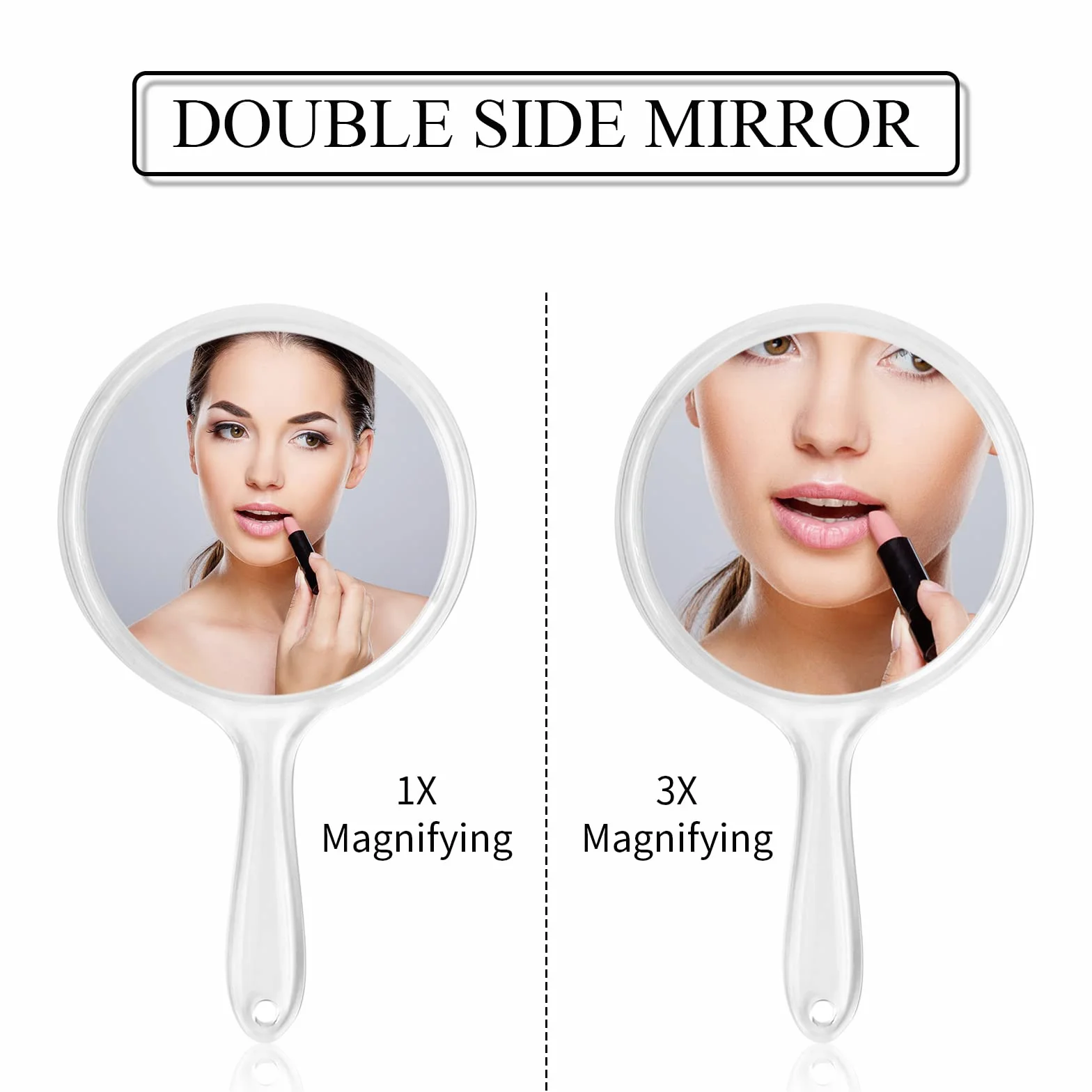 Specchio Portatile con Manico, Specchio a Mano Piccolo Bifacciale con Ingrandimento 1X/3X, per Trucco Quotidiano e Cosmetico