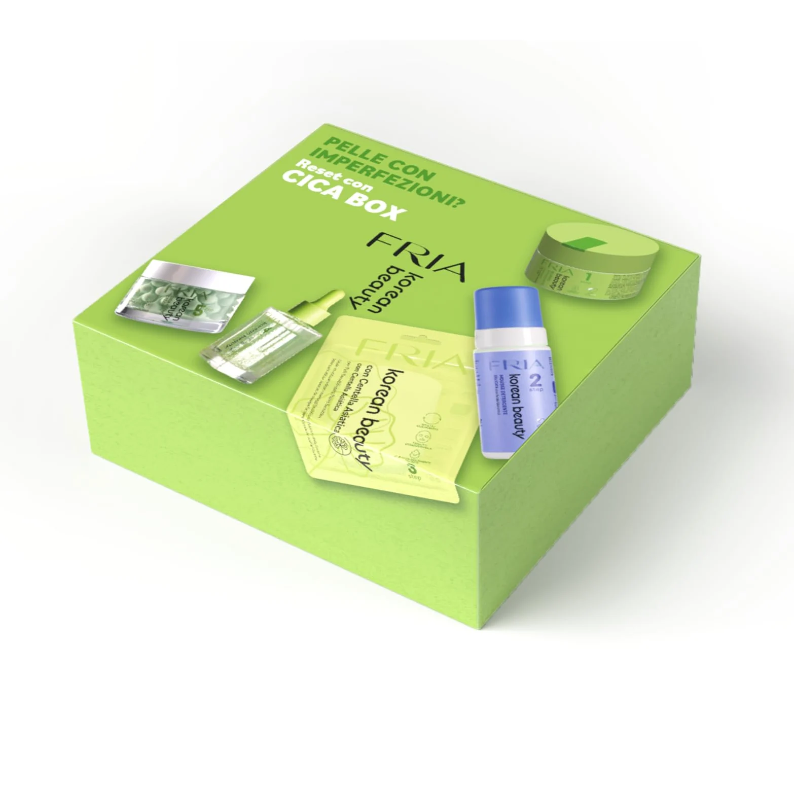 Fria Korean Beauty Cica Box, Kit Skincare Viso Anti Imperfezioni con Centella Asiatica, Burro Struccante + Mousse + Maschera + Siero + Crema, Dermatologicamente Testato