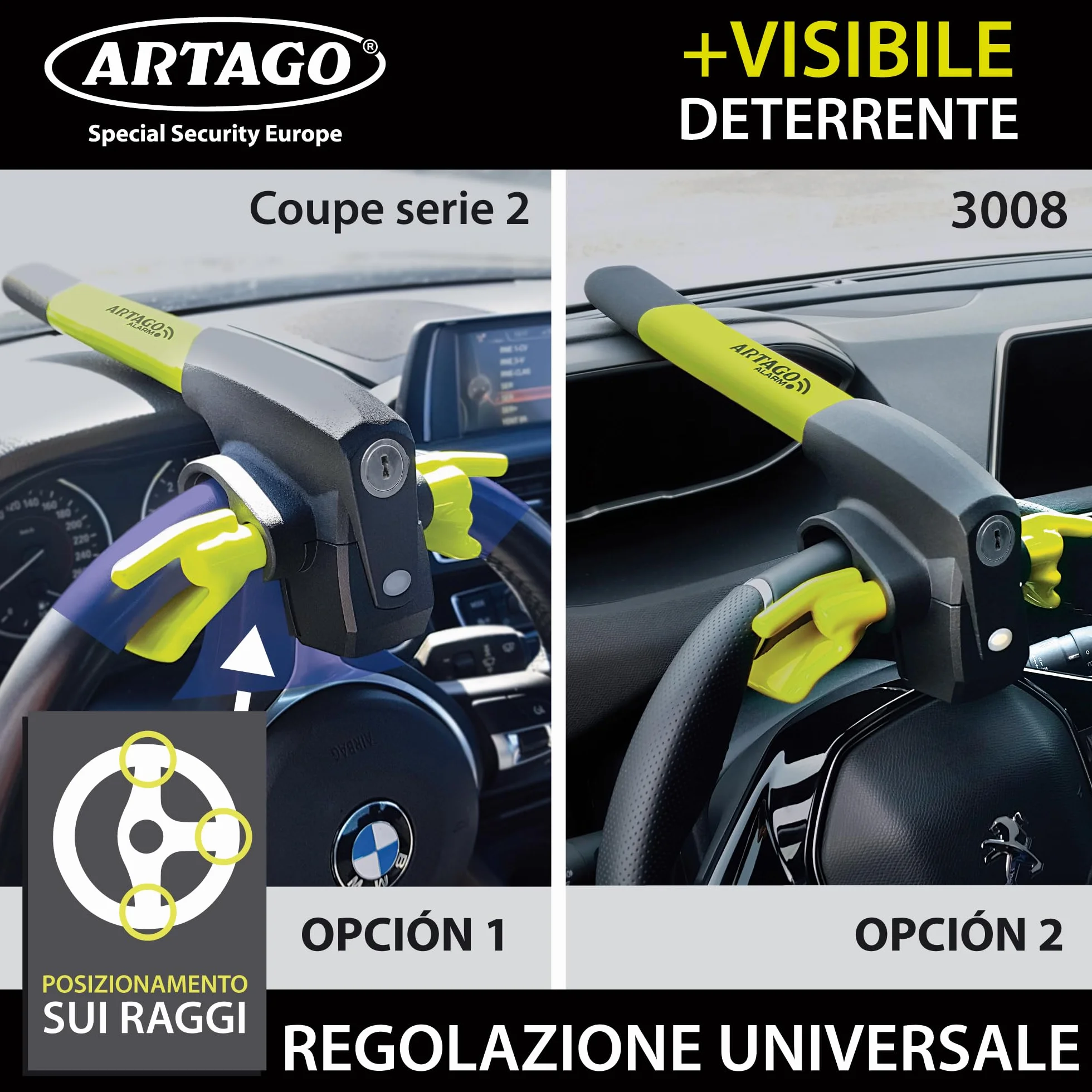 ARTAGO 870 Antifurto Auto Alta Gamma, Blocca Sterzo 2en1, Allarme Intelligente 120dB LED Notte, Bloccasterzo Meccanico Sonoro