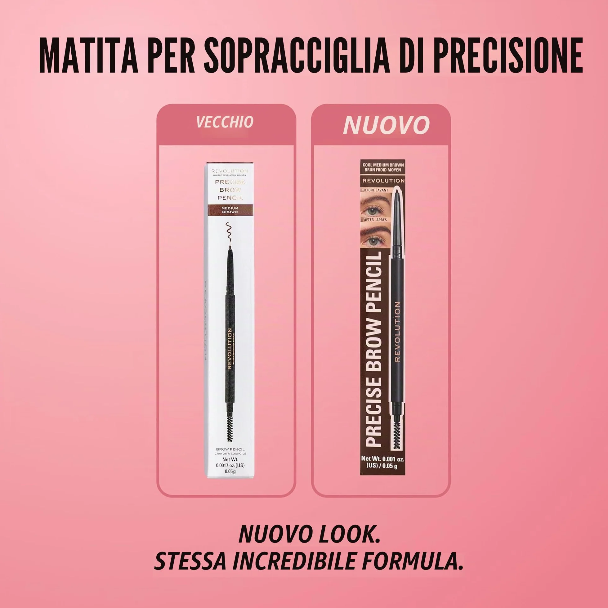 Makeup Revolution, Precise Brow Pencil, matita per sopracciglia a doppia estremità e pennello a rocchetto, punta fine, marrone medio, 9g