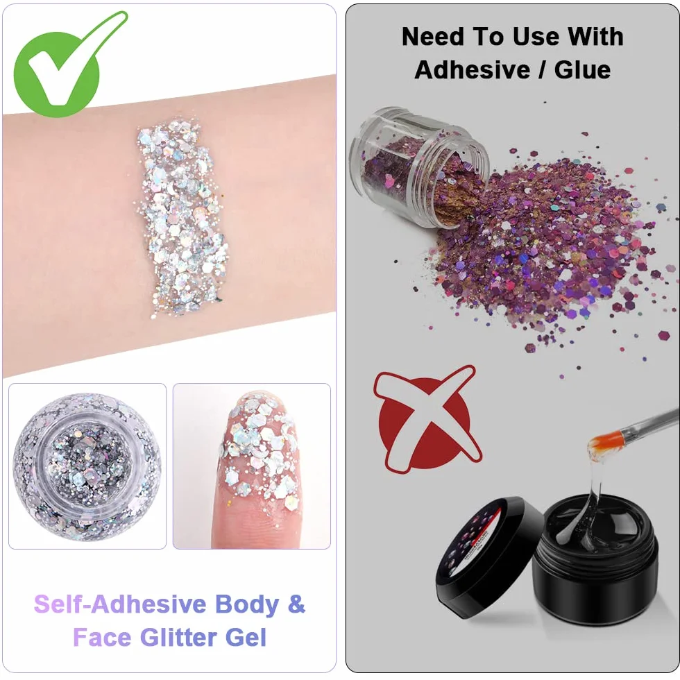 URAQT 1pcs Glitter Corpo e Viso per Unghie, Occhi, Labbra, Capelli - Gel Chunky per Musica, Festival, in Maschera(Argento)