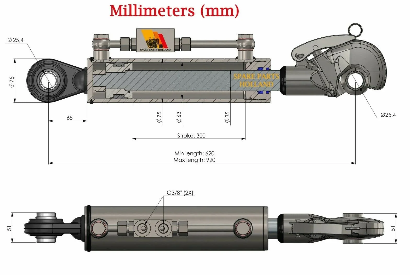 Terzo punto idraulico per trattore CAT2 300 mm Corsa blocco di bloccaggio con completo di tubi e nippli
