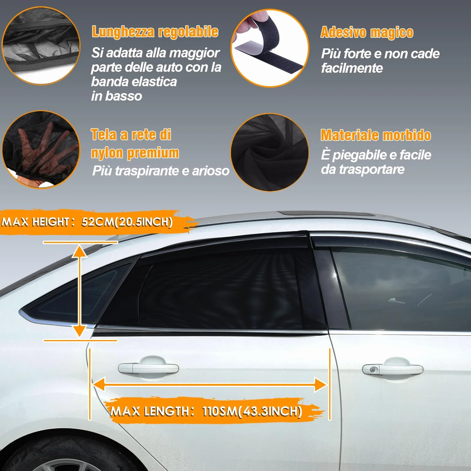 Tendine Parasole Auto Bambini Oscuranti Misura Universale Senza Ventose Esterne Protezione Neonati Raggi UV Autoaderente Automatica Kit Finestrini Posteriori (L)