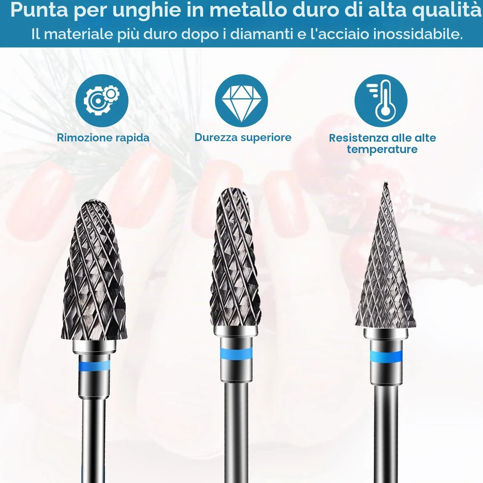 Punte Fresa Unghie Carburo di Tungsteno Grana Media per Rimuovere Gel Acrilico Cuticola, Strumenti Manicure Pedicure 3 Pezzi