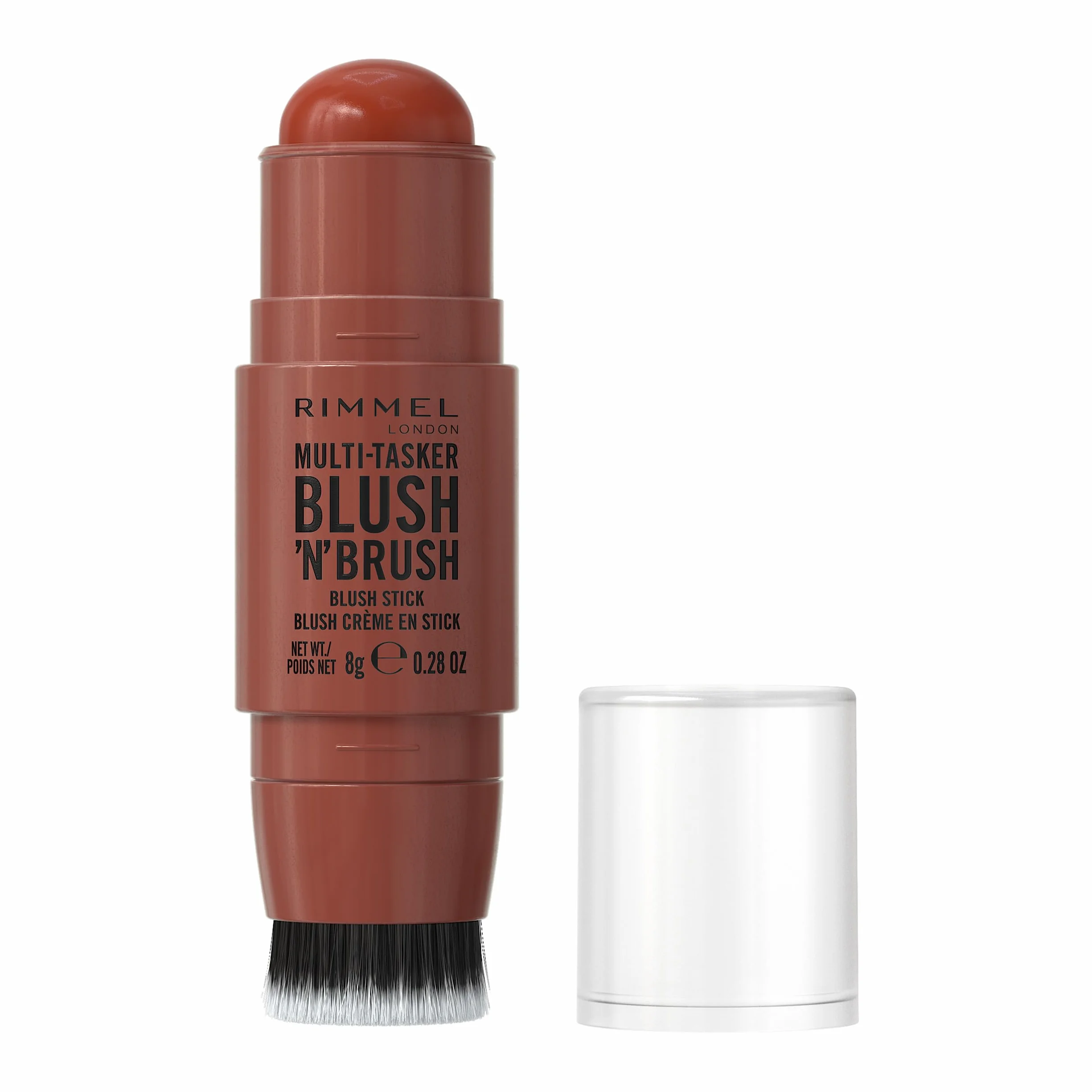 Rimmel London Multi-Tasker Blush'N'Brush Stick, colore modulabile, resistente all'acqua, pennello integrato, scorre facilmente, 8g, 350 ROASED PEACH