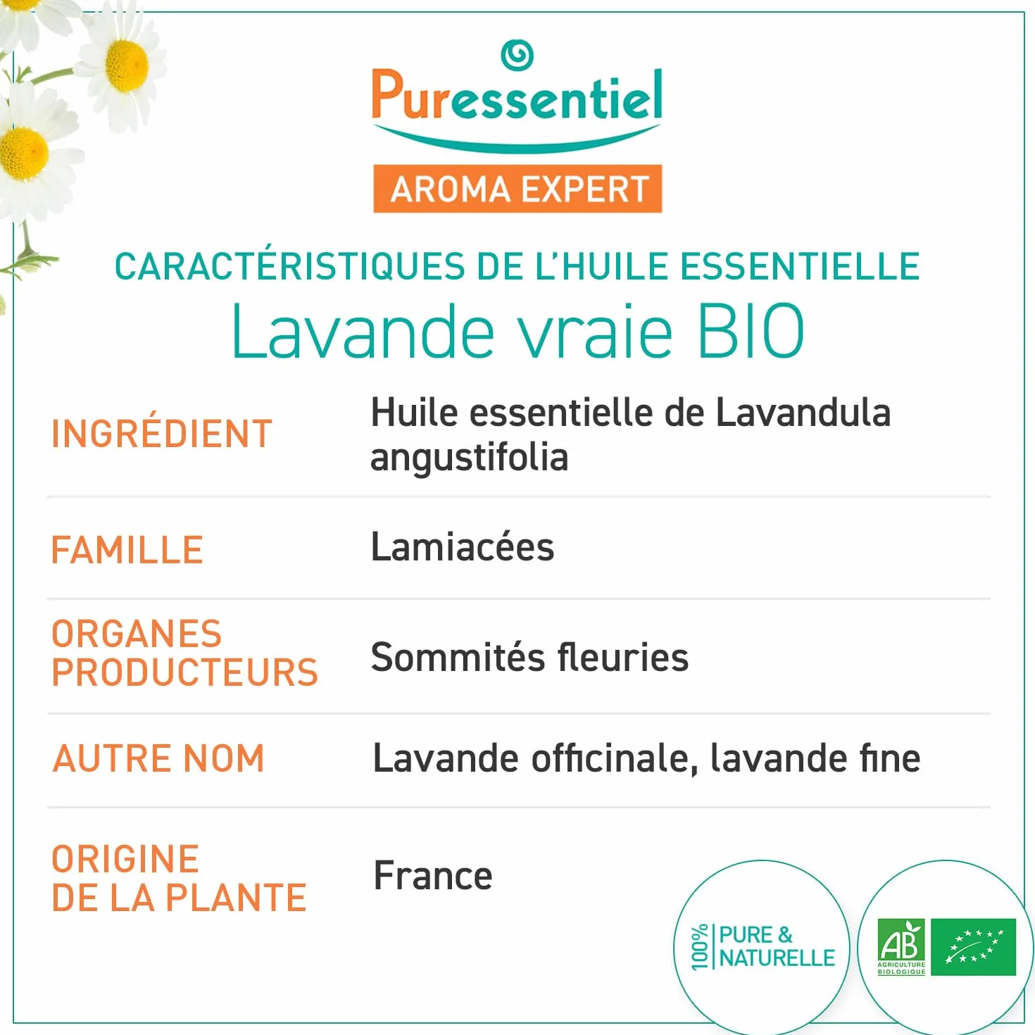 Puressentiel Olio Essenziale di Lavanda Vera 100% Puro Naturale OEBBD Biologico 10 ml