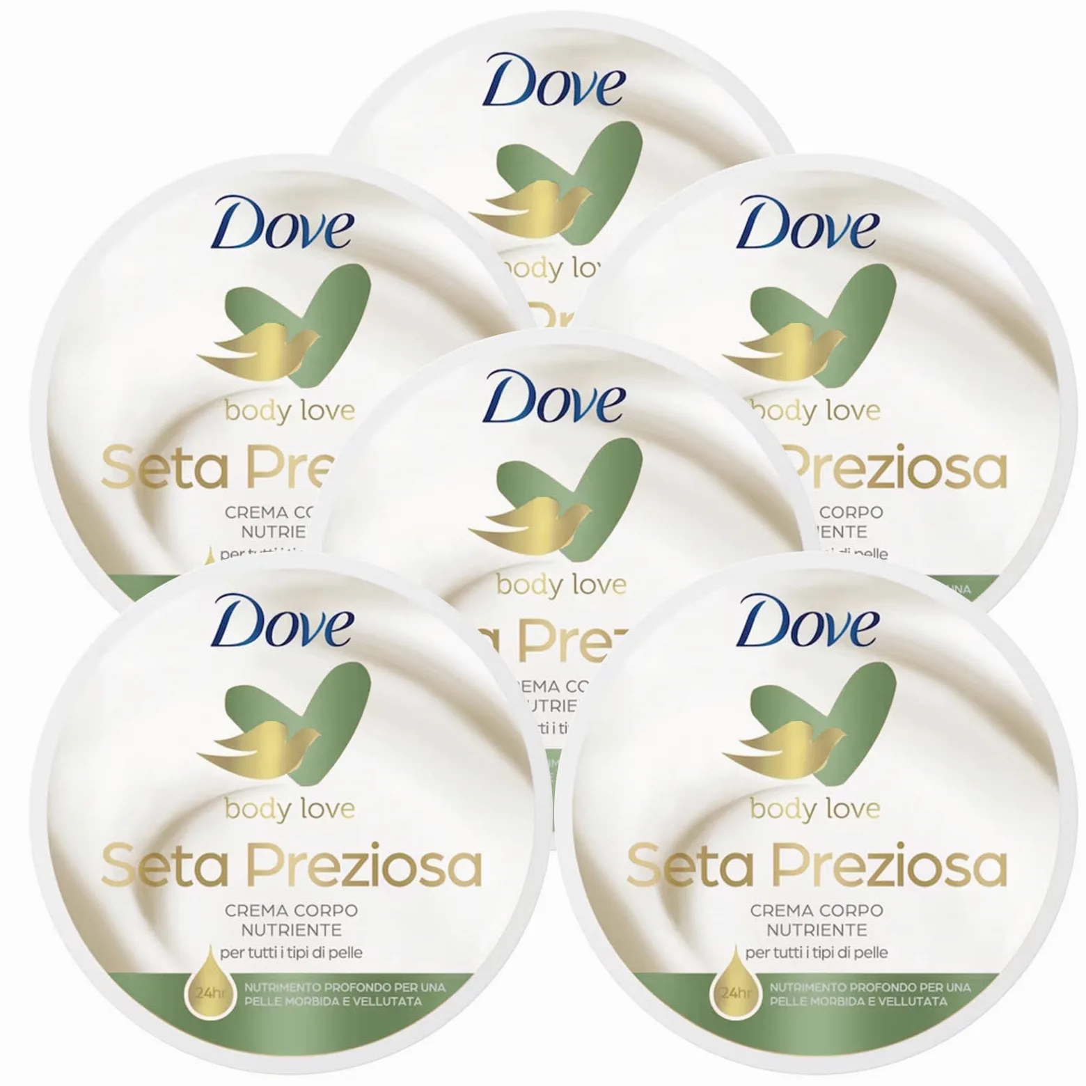 6x Dove Nourishing Body Care Seta Preziosa NutriDuo Crema Corpo Nutriente per Tutti i Tipi di Pelle - 6 Barattoli da 300ml