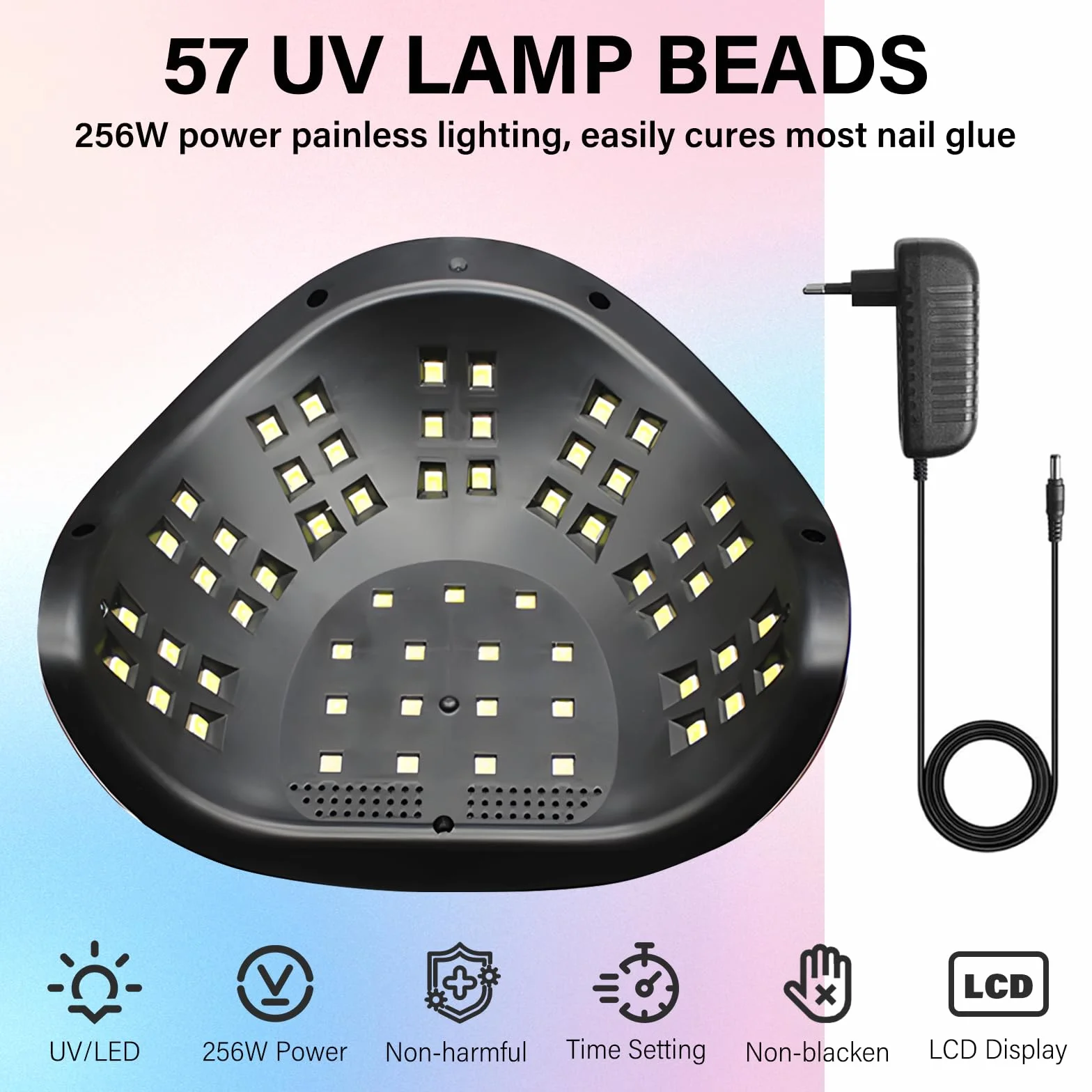 256W Lampada Profesional Unghie LED UV, Asciugatrice per Gel con 4 Impostazioni Timer e Sensore Automatico, Asciuga Smalto con 57 Perline Luminose & Display LCD per Manicure e Pedicure