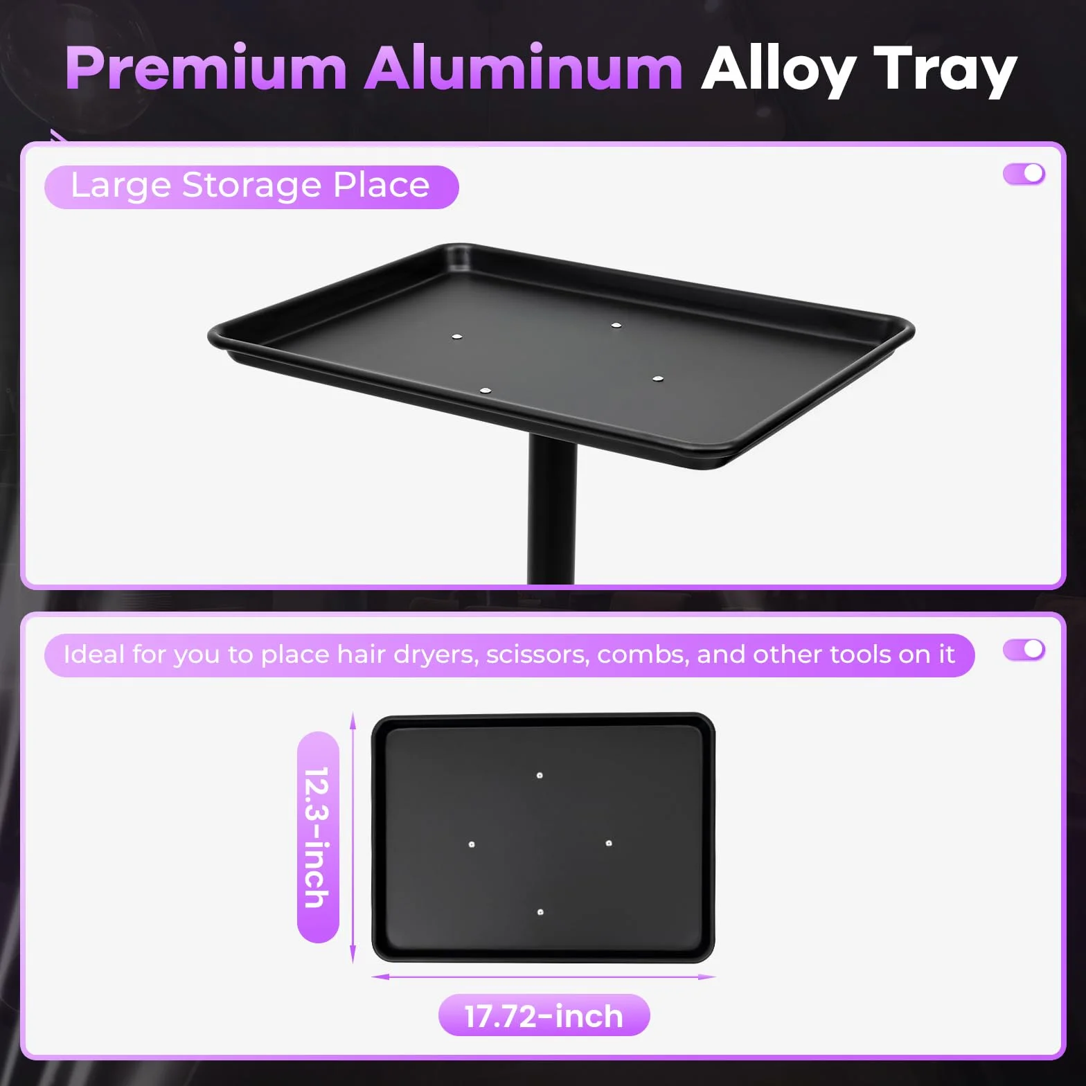 Carrello per Parrucchieri Professionale Regolabile in Altezza in Alluminio e plastica 45 x 33 cm capacità di carico 6 kg Nero per Parrucchieri ed estetisti