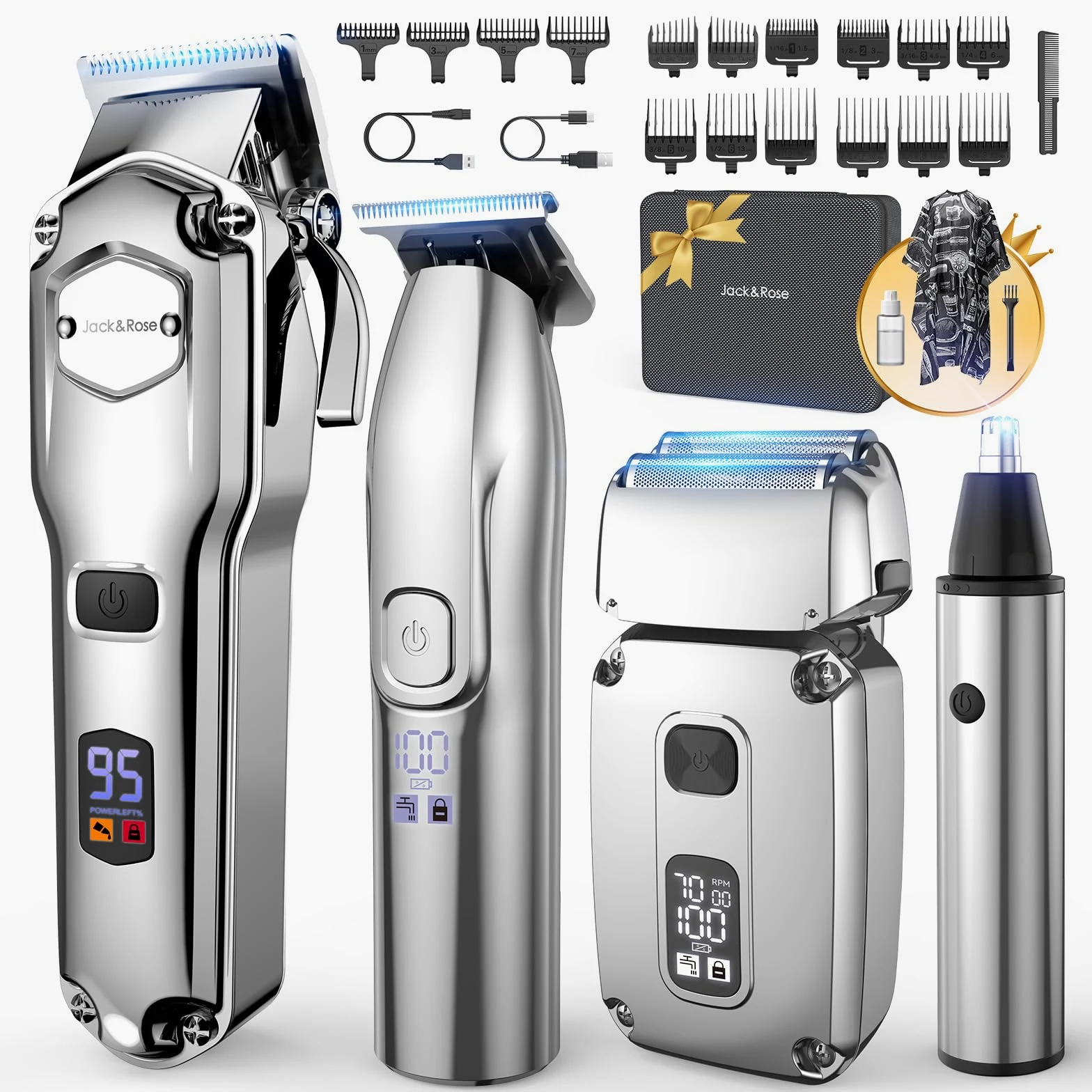 Jack & Rose set 4 in 1 per Tagliacapelli uomo professionale, tagliacapelli e trimmer senza fili impermeabile IPX7, rasoio elettrico di precisione e tagliapeli naso, ricaricabile USB Tipo-C