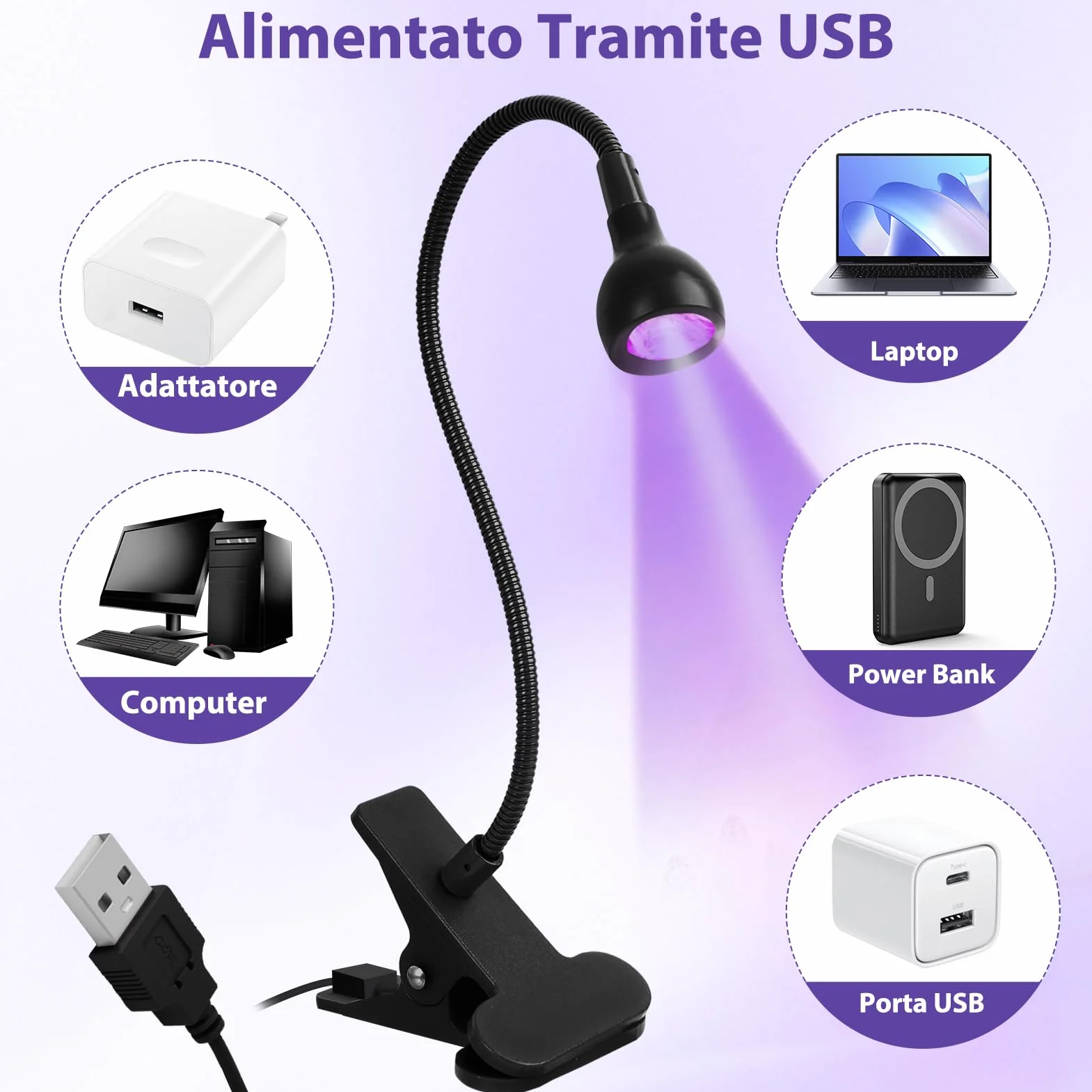 Lampada UV LED Unghie 5W Mini Portatile con Clip, 360° Testa Regolabile per Gel Resina Colla UV, USB Nero