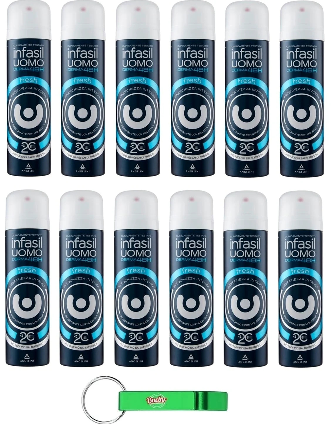 12x Infasil Deodorante Spray Uomo Derma 48h Fresh con Molecola 2C,Freschezza Intensa, Deo 150ml + Portachiavi Beni Culinari in Omaggio