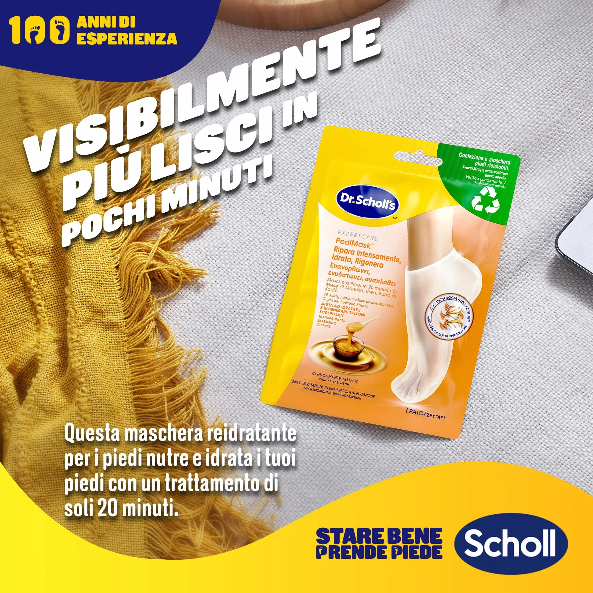Dr. Scholl's Maschera Piedi con Miele di Manuka, Calzini Idratanti per Talloni Screpolati, 4 Paia