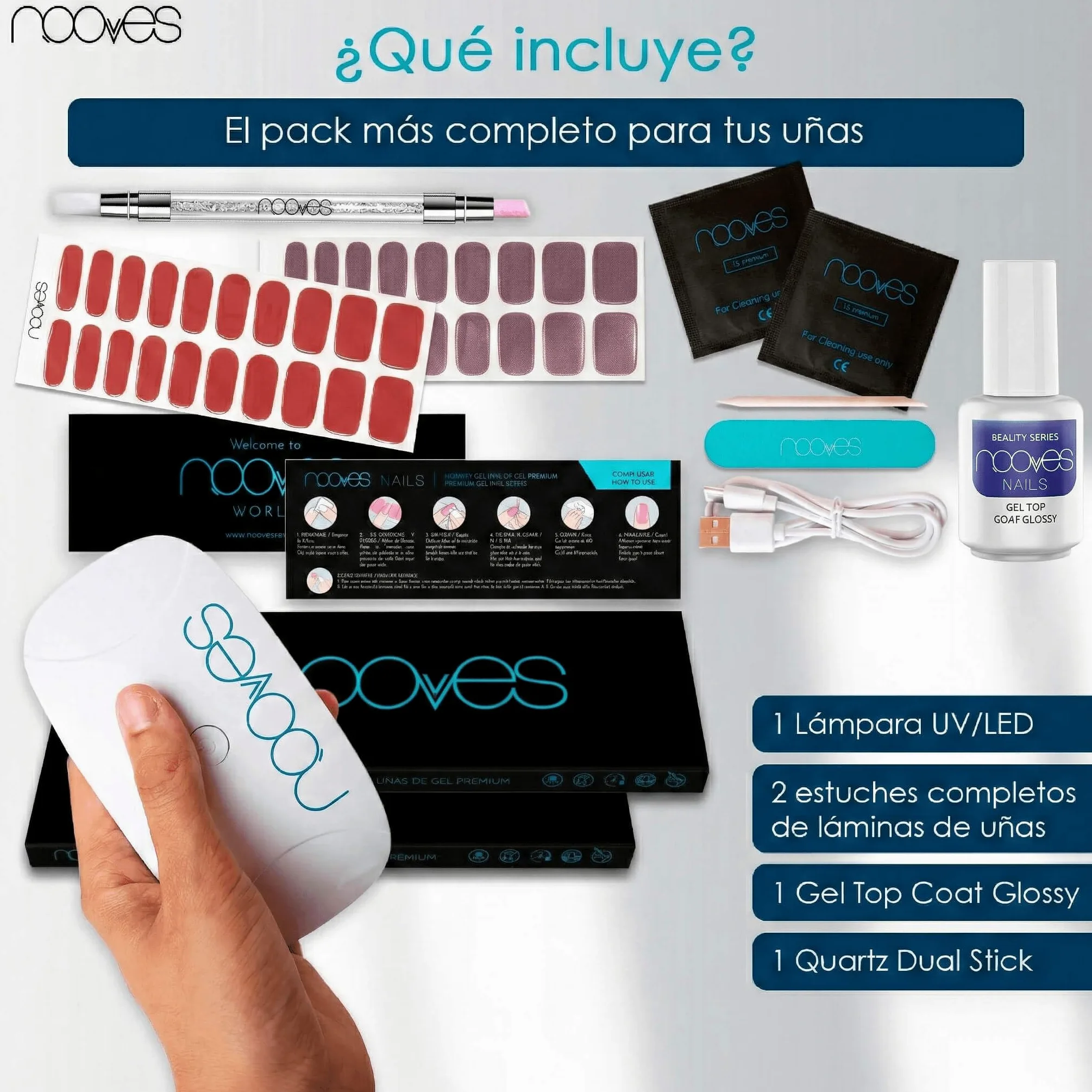 NOOVES - Starter Kit Beauty Red, 2 pellicole in gel per unghie + lampada per asciugatura unghie UV/LED + gel top coat glossy + quarzo doppio stick, unghie gel semi-curate premium, manicure, gel nail