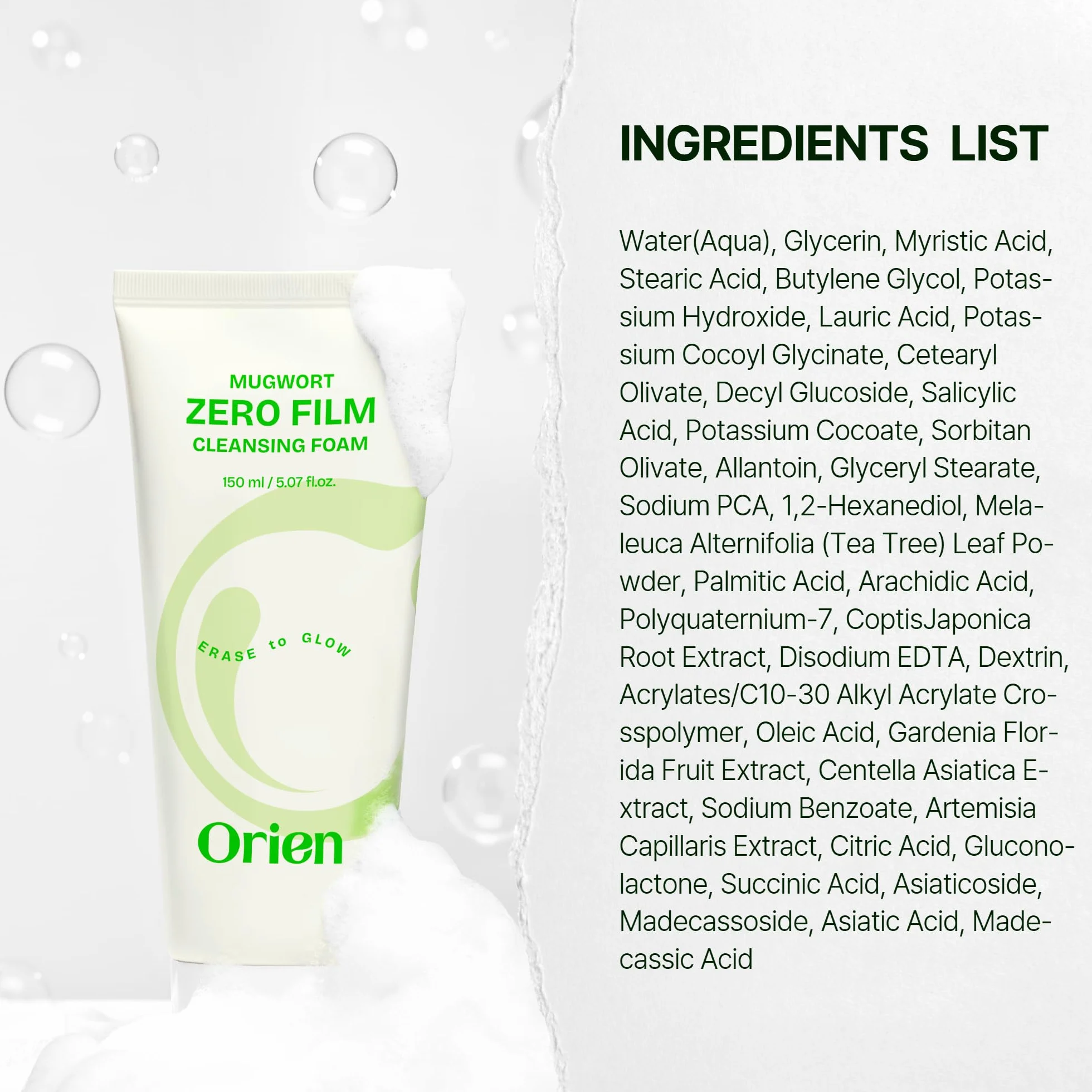 Orien Artemisia Zero Film Schiuma detergente 5,07 fl.oz, 150ml ㅣDetossificazione quotidiana Rimozione dei punti neri Nessuna ostruzione dei pori Cura della pelle coreana doppia pulizia