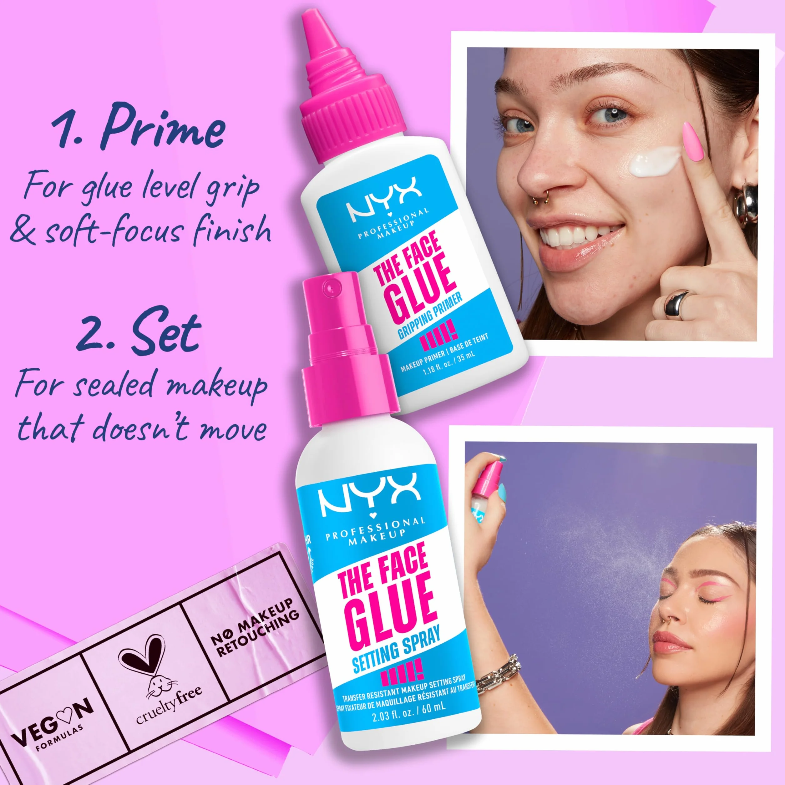 NYX Professional Makeup Spray Fissante, Per Tutti i Tipi di Pelle, Makeup Intatto fino a 24H, Finish Vellutato e Look Fresco Tutto il Giorno, Con Sciroppo d'Acero, The Face Glue, 60 ml