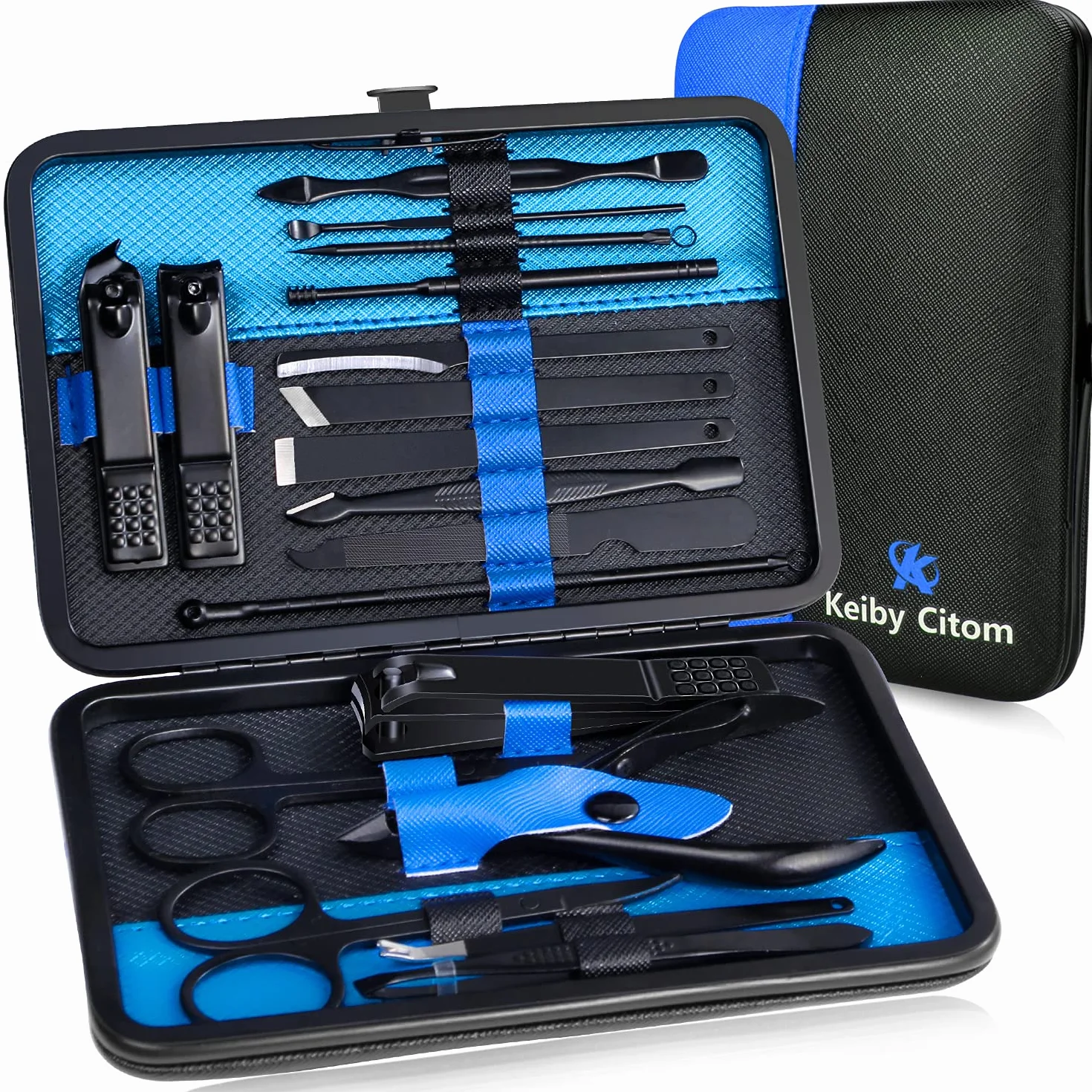 Set manicure professionale per unghie kit pedicure – 18 strumenti per la cura delle unghie in acciaio inox per il viaggio (blu nero)