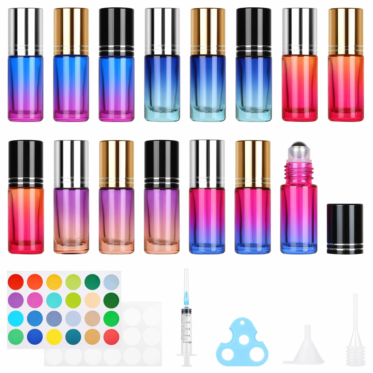 15 Pezzi 5ml Gradiente Roll On Bottiglie con Sfera in Acciaio Inossidabile,Roll on Vuoto per Oli Essenziali, Roll on Vuoto per oli Essenziali per Profumo, Olio Essenziale, Aromaterapia