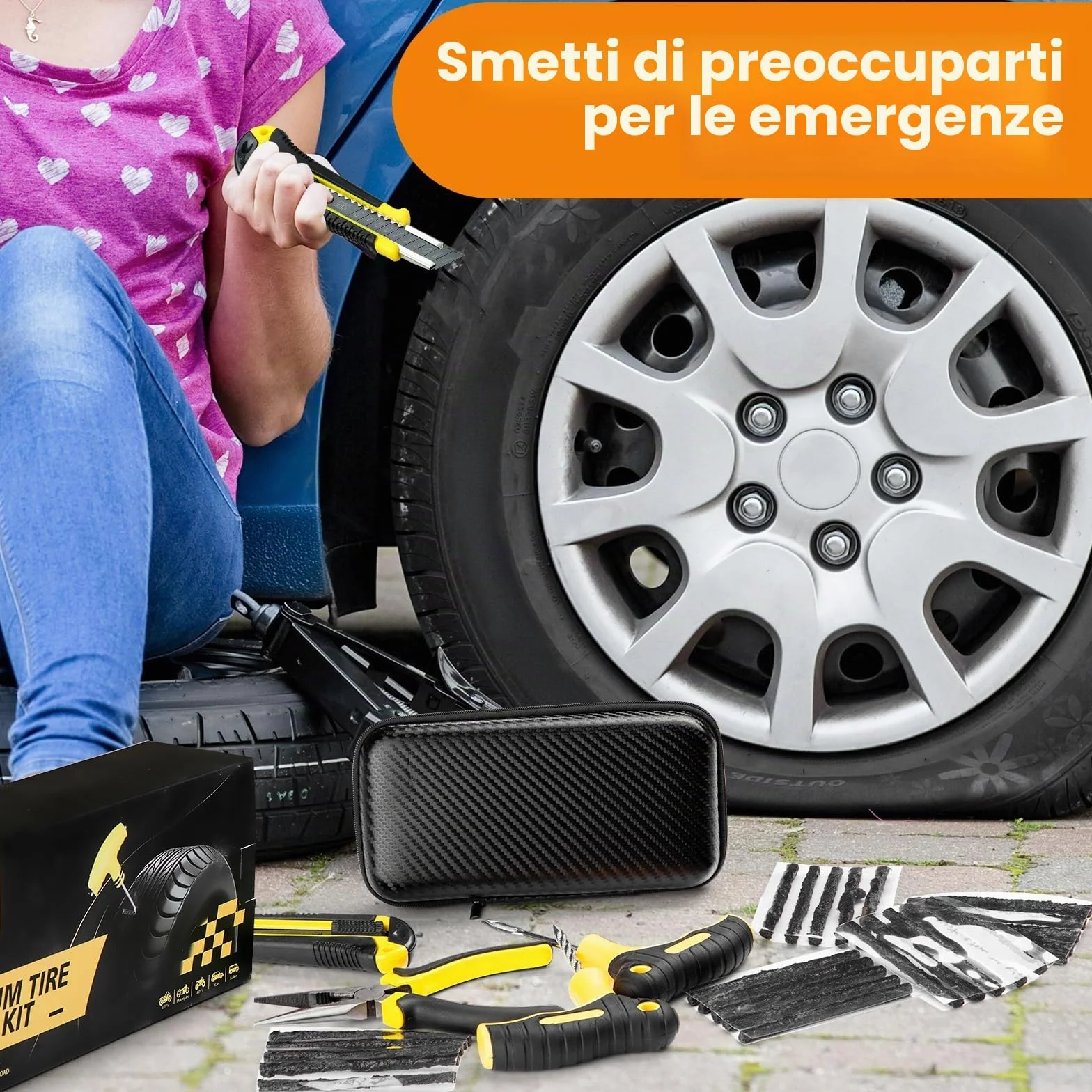 Kit di riparazione pneumatici sgonfi 27 pezzi con sigillante per auto camion moto bici