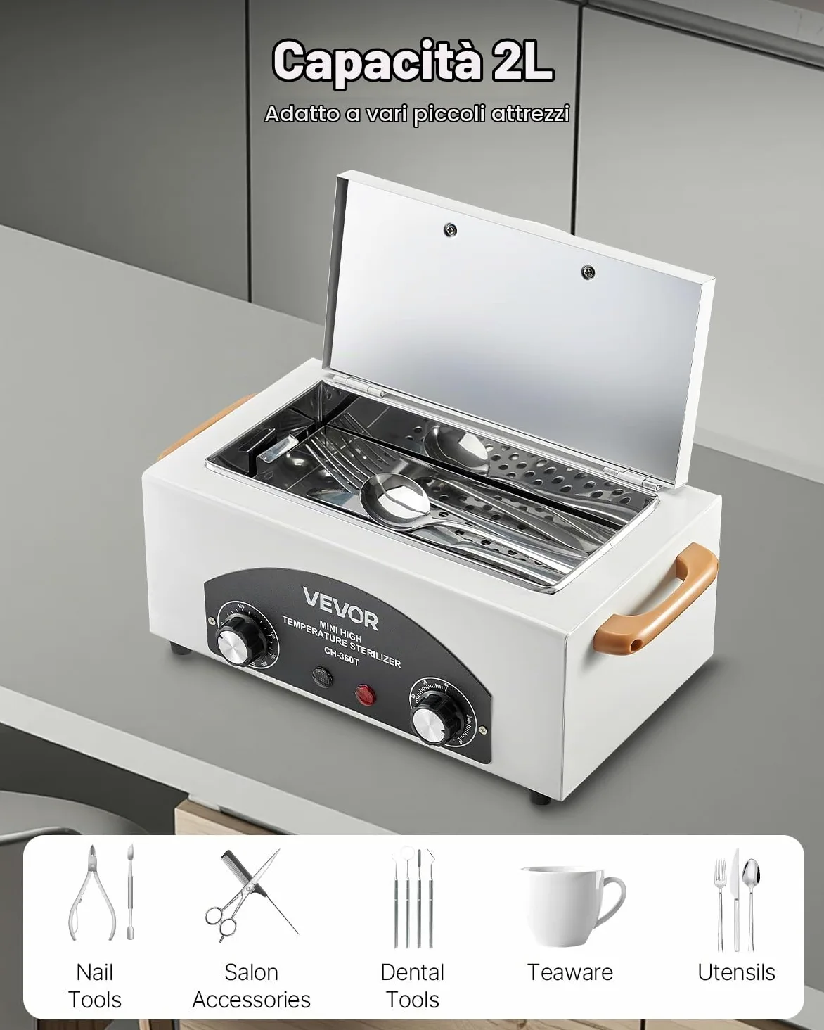 VEVOR Sterilizzatore ad Alta Temperatura, 2 L 300 W Sterilizzatore per Utensili da Manicure con Temperatura e Tempo Regolabili, Pulizia di Strumenti per Unghie per Laboratori, Casa, Centri Estetici
