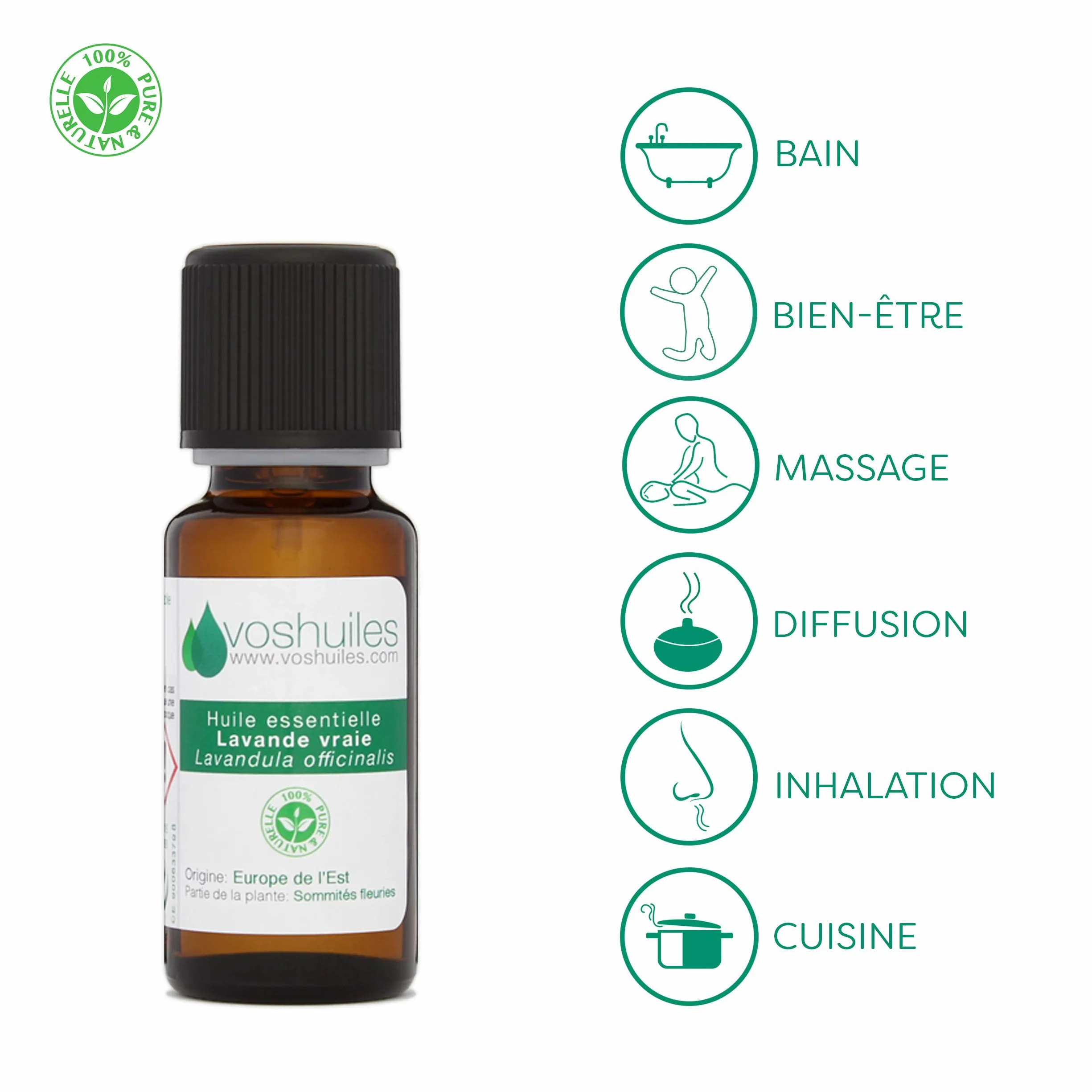VOSHUILES - Olio Essenziale di Lavanda Vera - 125ml | Ideale in Diffusione - Uso Versatile - 100% Puro e Naturale - HEBBD - Azienda Francese
