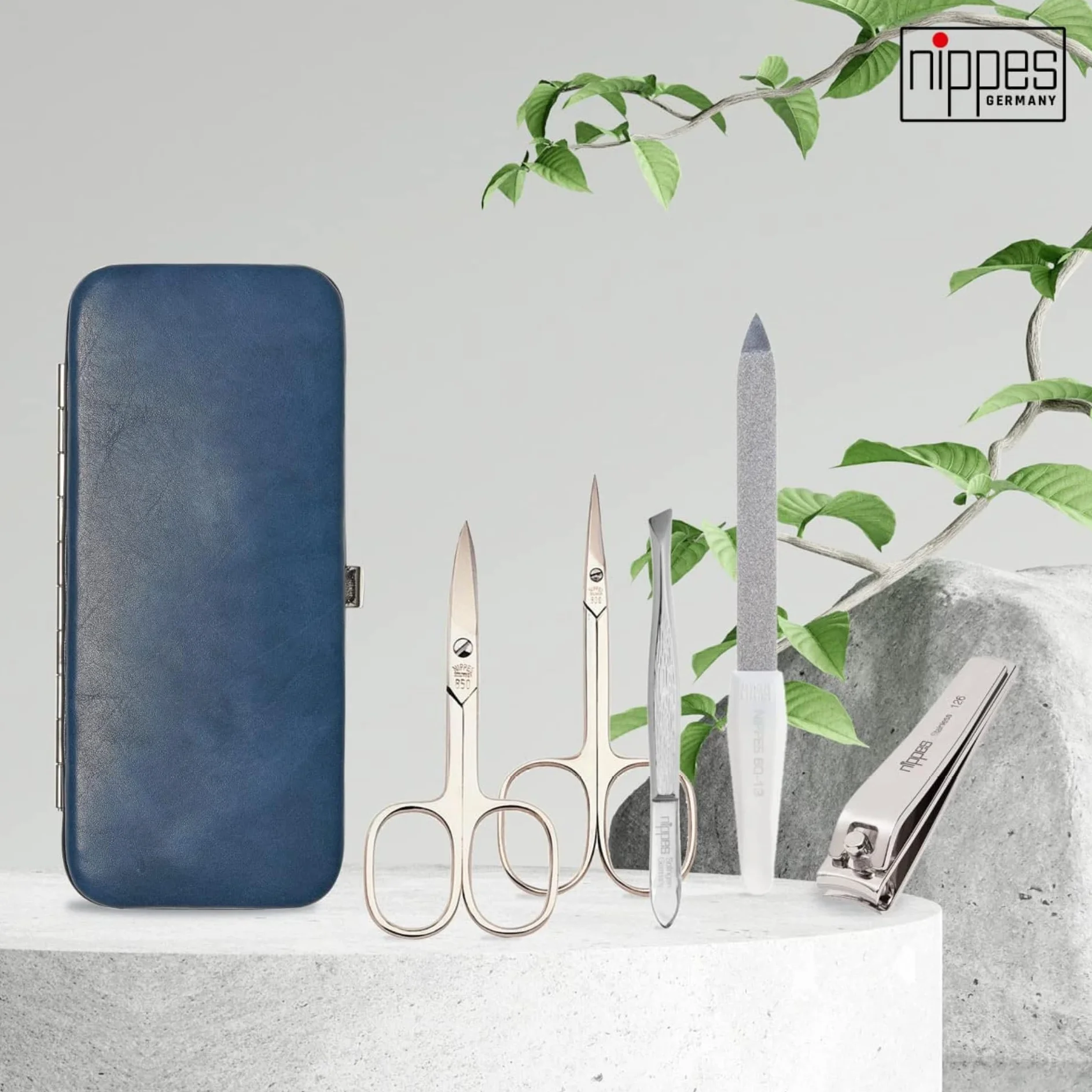 Nippes Solingen Manicure Set Vintage 5 Pezzi Astuccio Cuoio Bovino Antico Strumenti Nichelati Made in Germany