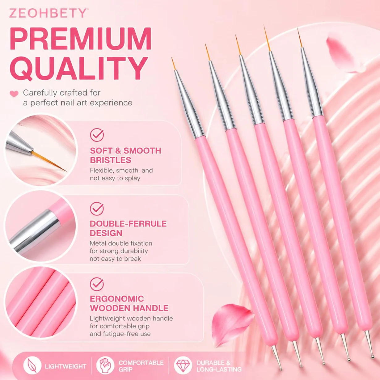 Pennelli per nail art, 5 pennelli per nail art, strumenti per punteggiare, set di pennelli per disegno artistico per linee lunghe, dettagli sottili, dimensioni 7/9/11/15/22 mm, rosa