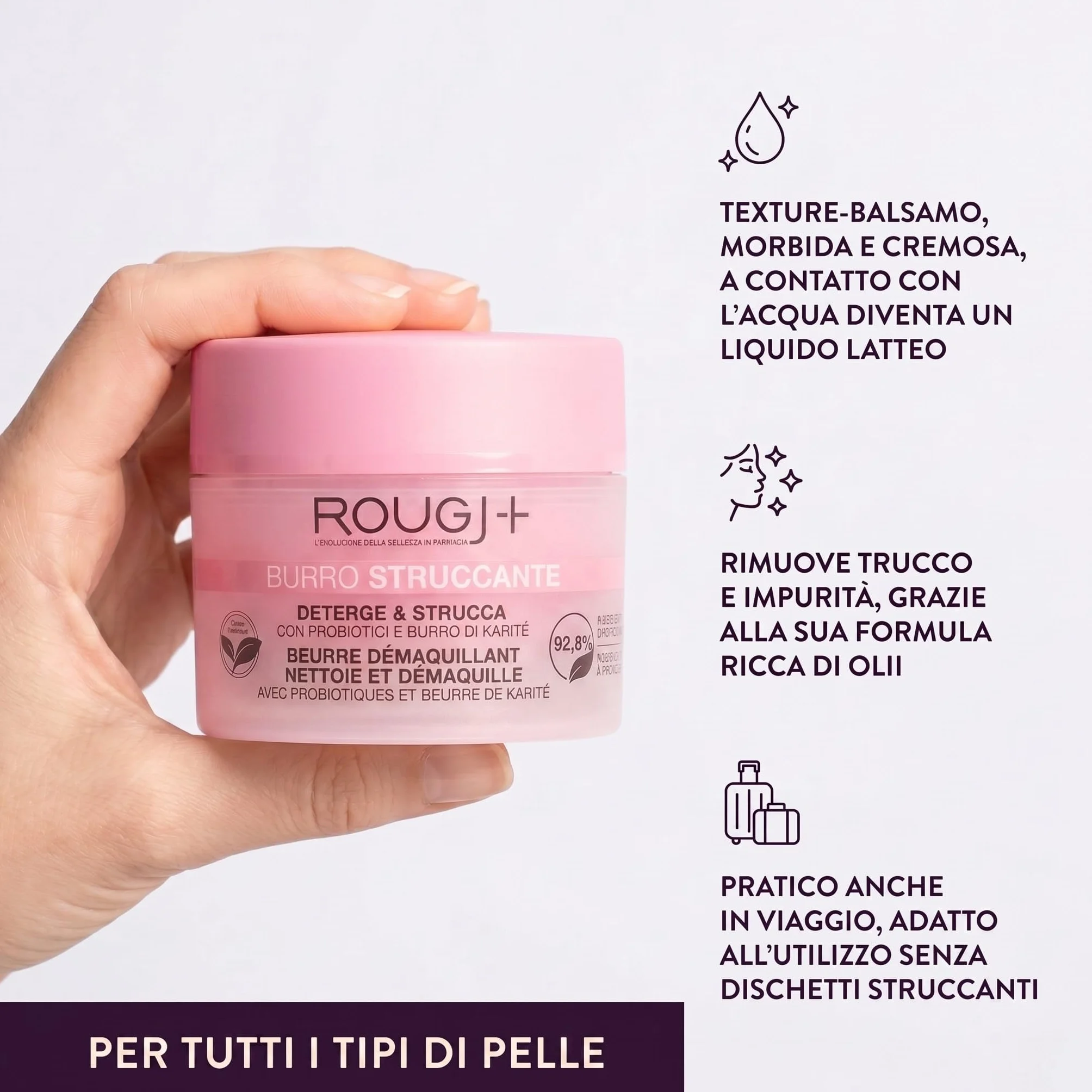 Burro Struccante Viso e Occhi Detergente Trucco Waterproof Texture Balsamo Trasformabile con Karité Mandorle Vinacciolo Made in Italy