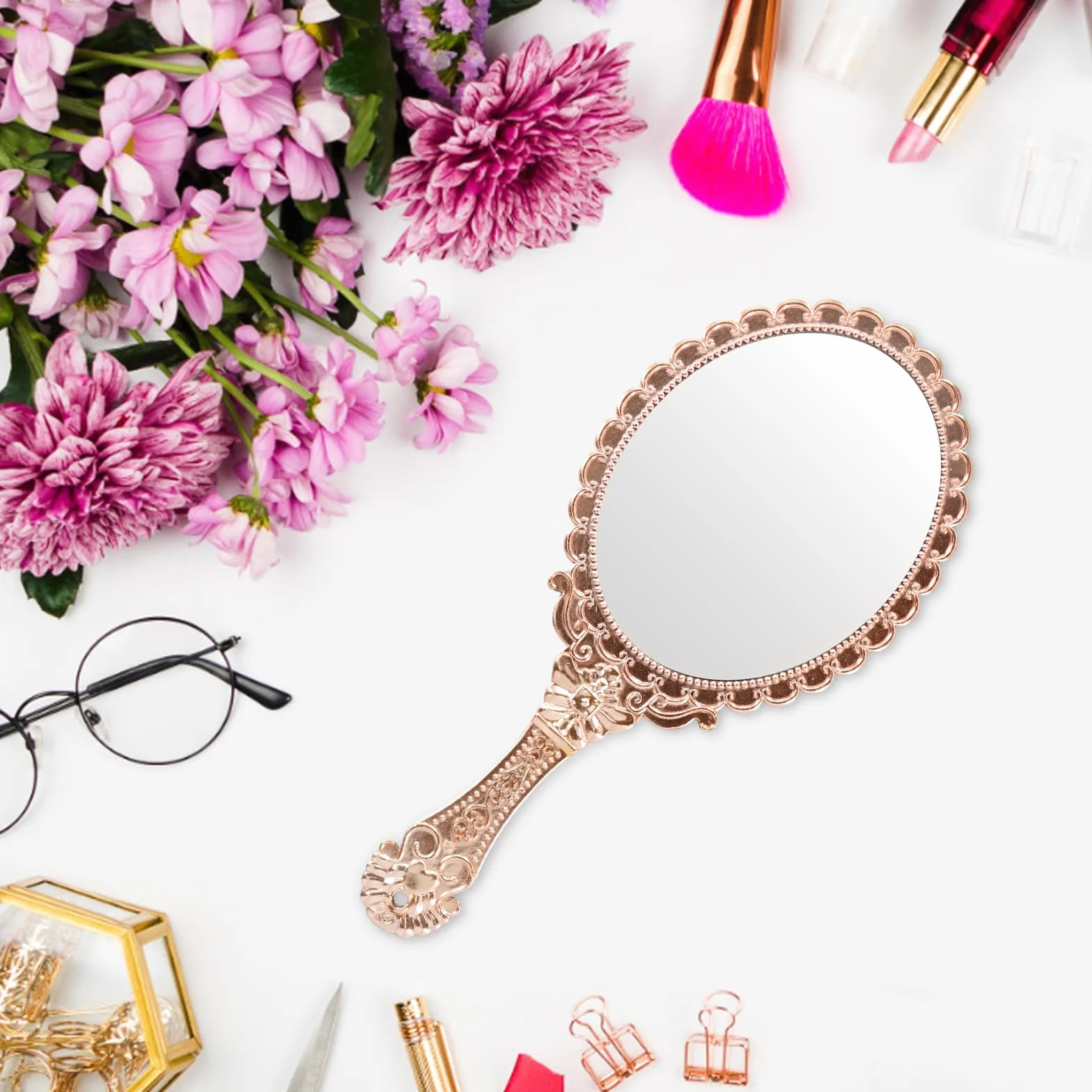 Specchio tascabile vintage, specchio da viaggio, specchio da viaggio, specchio vintage per il trucco per ragazze e donne bellezza trucco (oro rosa)