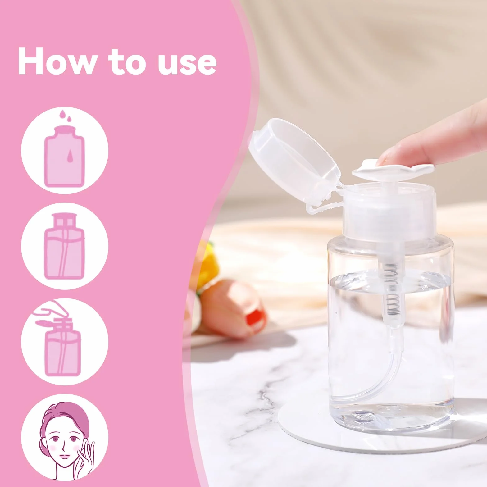 Dimeho 3 flaconi con pompa per rimuovere lo smalto, con chiusura a pressione, vuoti, con serratura, contenitori trasparenti per acetone, per alcool, tonico viso, smalto per unghie, struccante, 180 ml