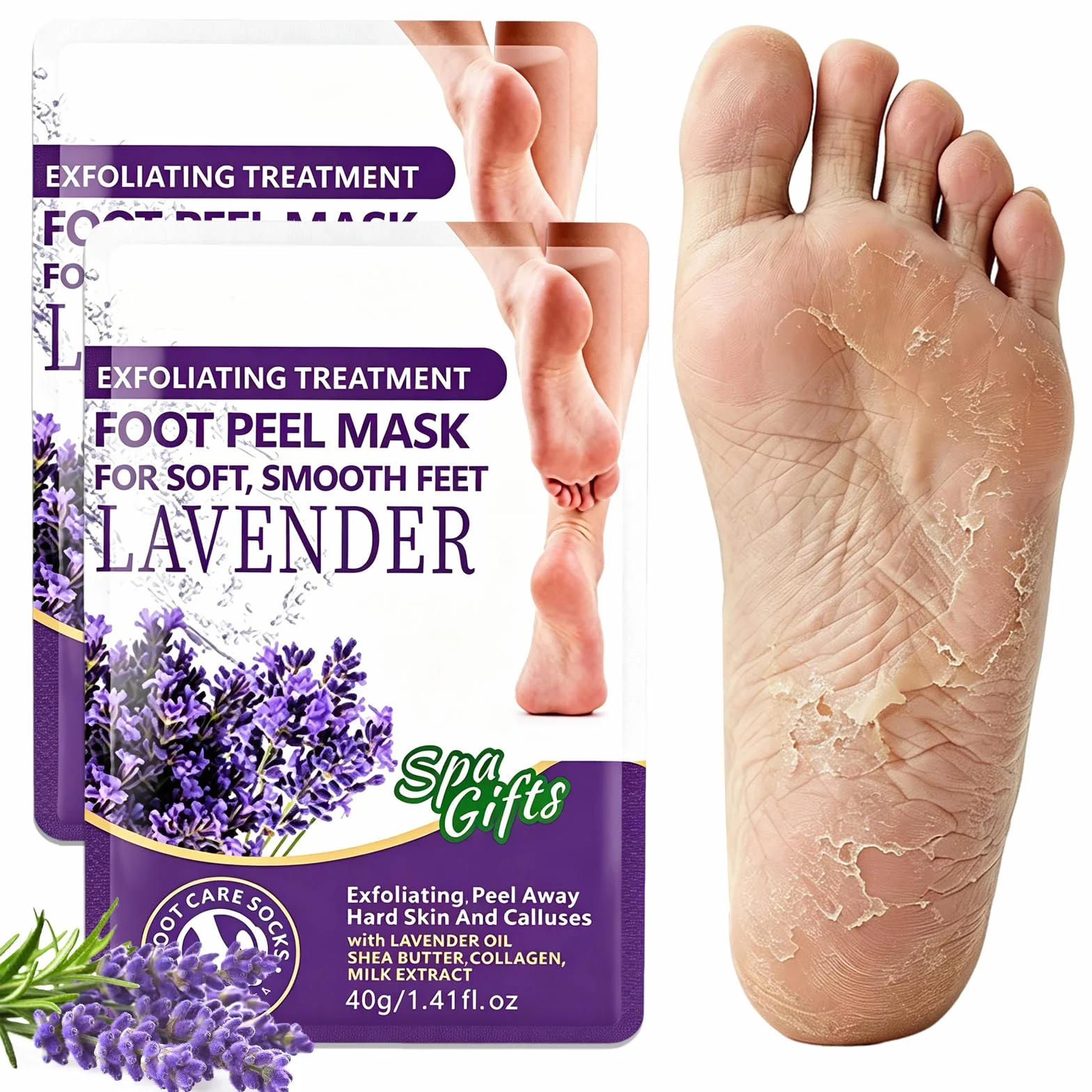 2 Paia Maschera Piedi Esfoliante, Peeling Piedi Idratante, Cura dei Piedis Secchi e Talloni Screpolati, Calzini Nutrienti con Olio, Per i Piedis Per Uomini e Donne (Lavanda)