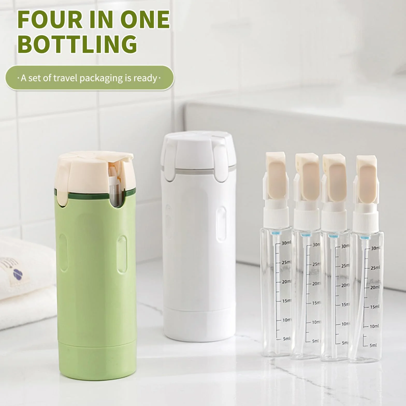 Dispenser da viaggio 4 in 1,Flaconi da Viaggio,Contenitori Portatili Ricaricabili a Prova di Perdite,Contenitori Portatili a Prova di Perdite,con Scala ed Etichetta,per Viaggi,Campeggio