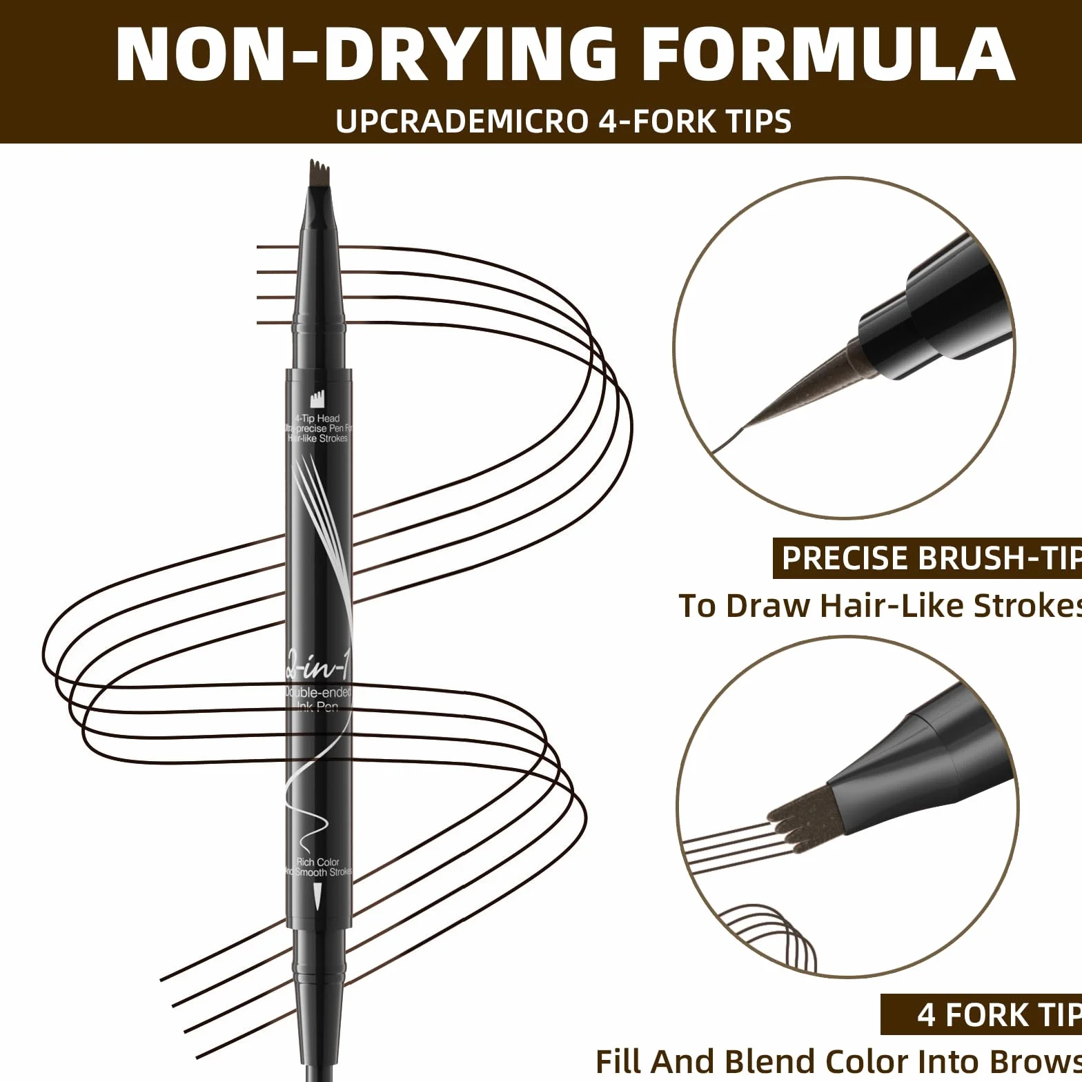 Matita per sopracciglia impermeabile, matita per sopracciglia microblading 2 in 1 a doppia estremità, lunga durata, anti-sbavature Penna per sopracciglia liquida ad asciugatura rapida (Marrone scuro)