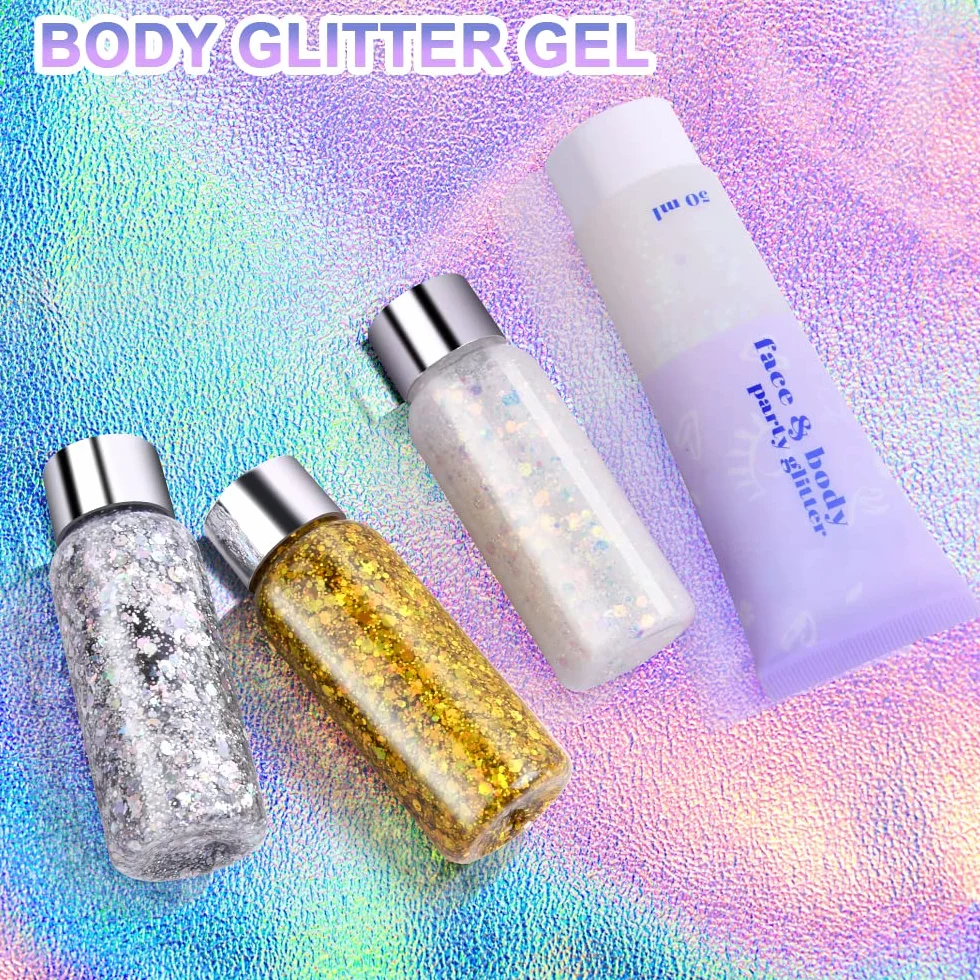 URAQT 1pcs Glitter Corpo e Viso per Unghie, Occhi, Labbra, Capelli - Gel Chunky per Musica, Festival, in Maschera(Argento)