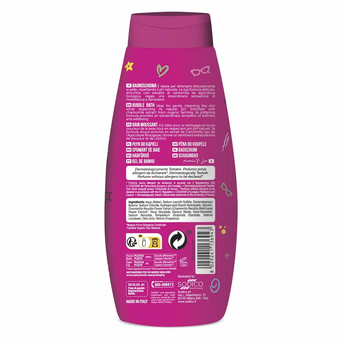 Naturaverde | Barbie Bagnoschiuma 250 ml, Formula Delicata con Estratto di Camomilla Biologica per l' Igiene Sicura dei Bambini