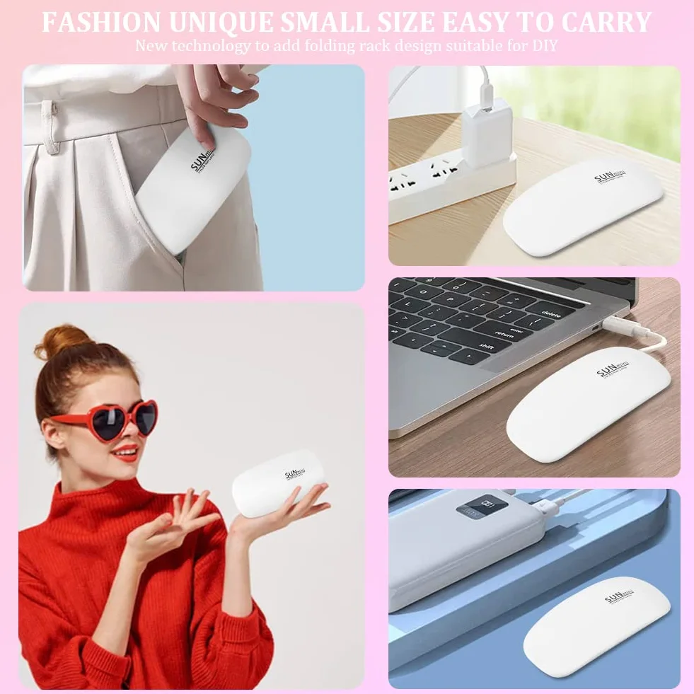 URAQT Professionale Lampada UV LED Unghie, Mini lampada per unghie portatile UV a forma di topo, Asciuga Smalto Gel Unghie, con Lima Unghie, Nail Lamp per Uso Domestico e Viaggiare(Bianco)